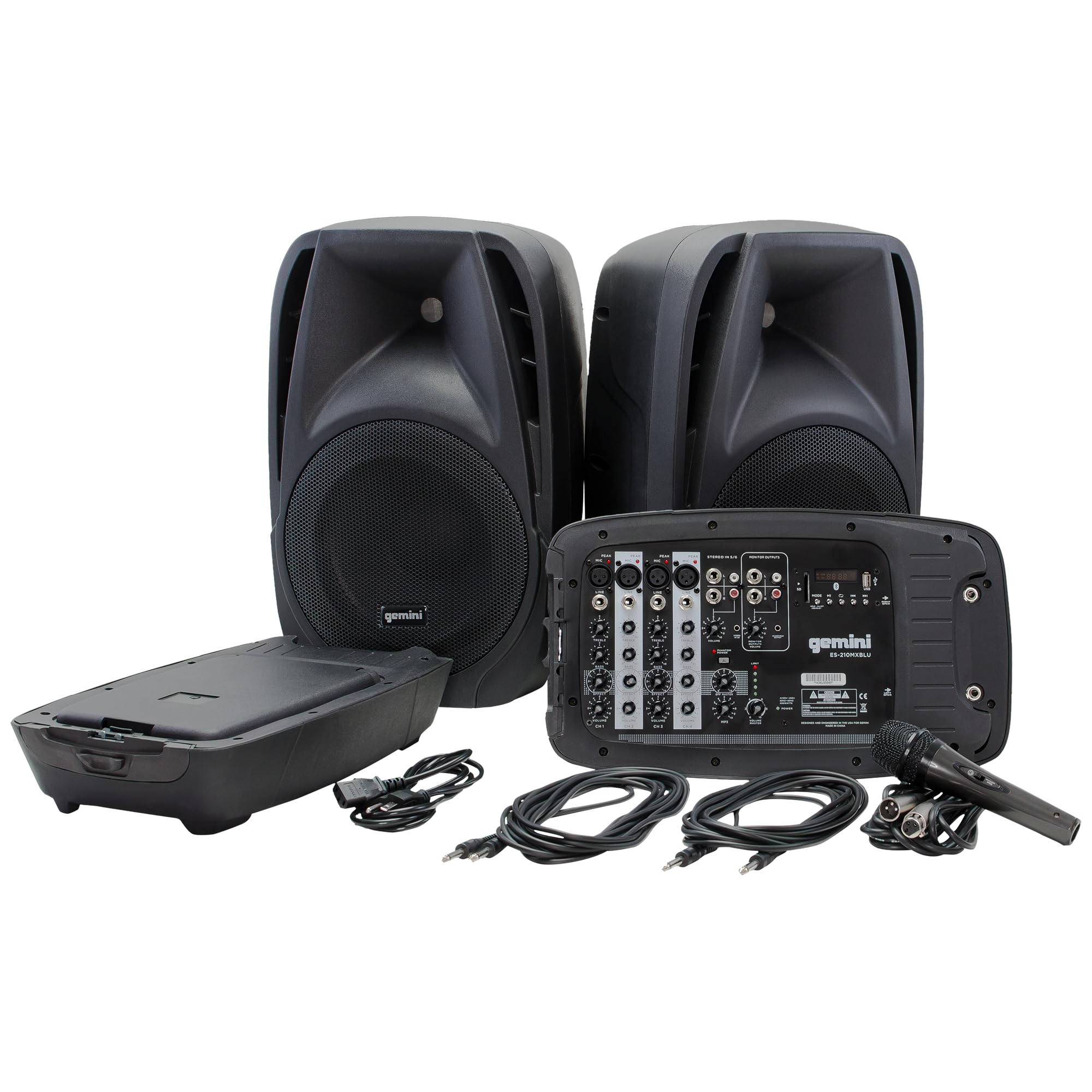 Gemini Dual 10" Powered PA System & Stands, 600W (ES-210MXBLU-ST) | Dual 10" PA with tripod stands - 6-channel powered mixer, 4 mic in - Bluetooth, USB - mic included