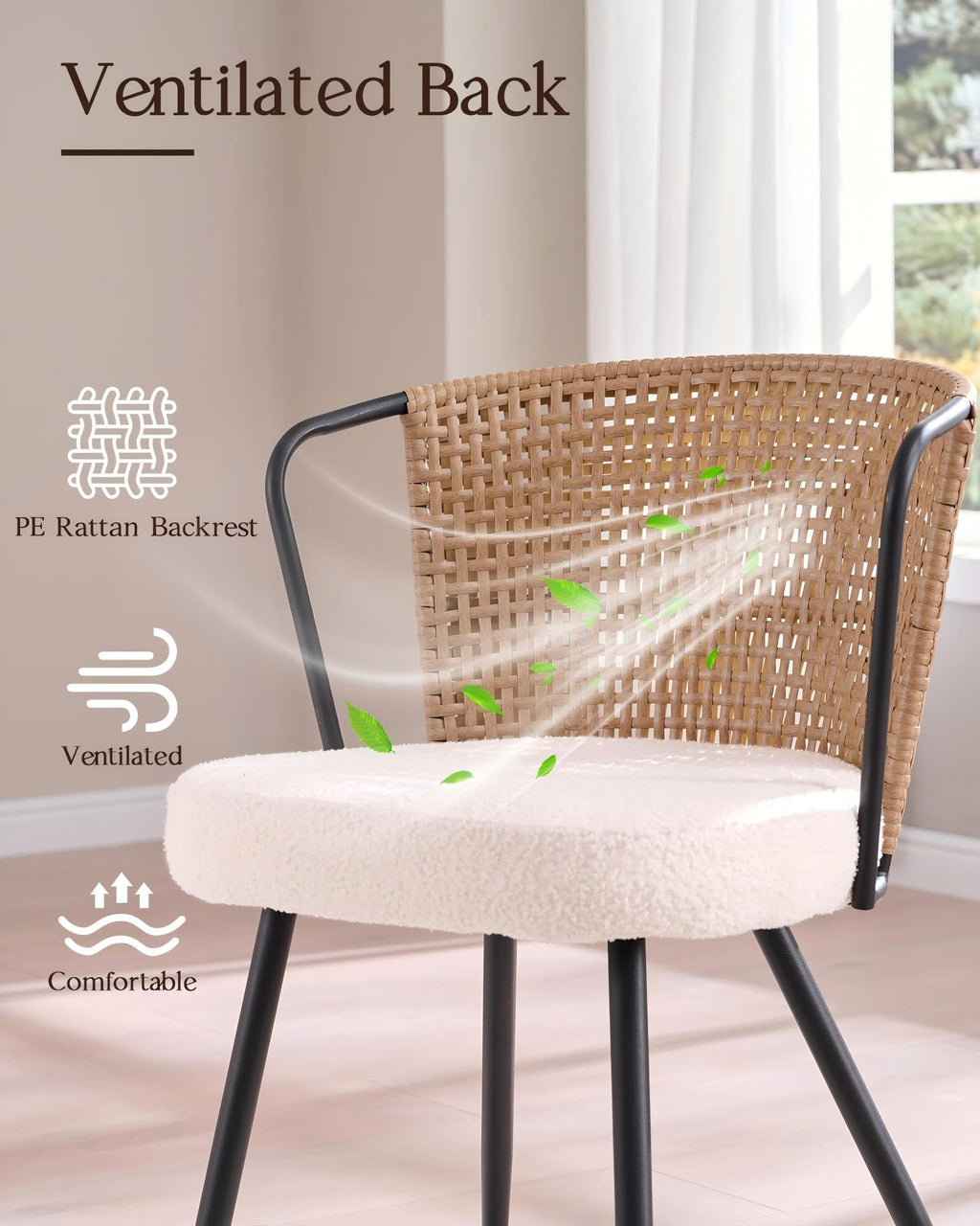 BedsPick Rattan Dining Chairs Set of 2 - Farmhouse Upholstered PE Rattan Kitchen Chair with Boucle Cushion, Wingback Dining Room Seat with Cane Back and Metal Legs for Home, Kitchen (Brown)