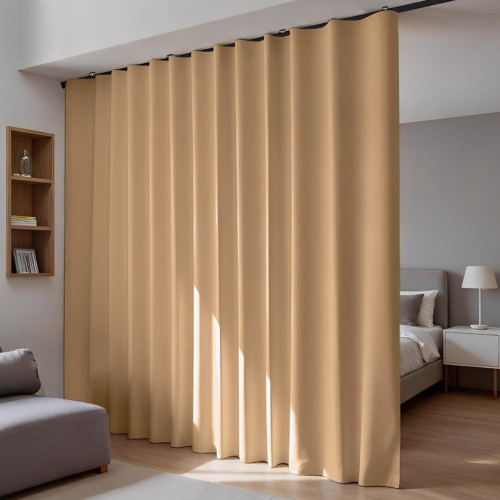 Room Divider Blackout Curtains Flexible Sliding Tracks Sets Ceiling Mounted Rod Window Curtain Privacy Separation for Bedroom Living Rooms,1 Panel Beige Drape and Black Track Set-W108xH72 in