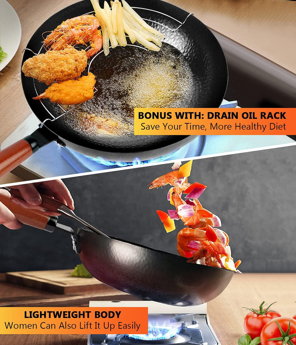 14 Piece Carbon Steel Wok Pan, Woks & Stir-Fry Pans Set with Wooden Lid Cookwares, No Chemical Coated Flat Bottom Chinese Pan for Induction, Electric, Gas, Halogen All Stoves - 12.6''