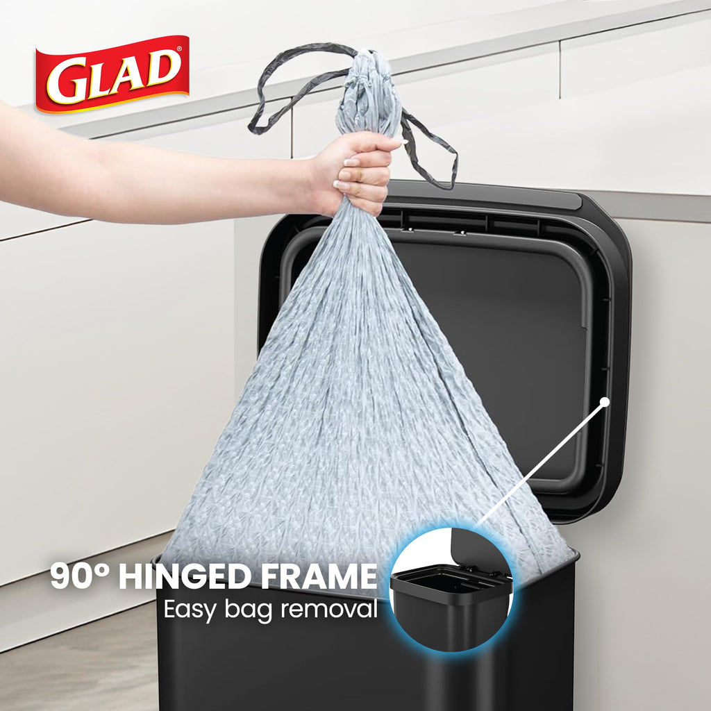 Glad 13 Gallon All Brushed Stainless Steel Trash Can with Clorox Odor Protection | Large Metal Kitchen Garbage Bin with Soft Close Lid, Garbage Bag Rings, Step On Foot Pedal and Waste Bag Roll Holder