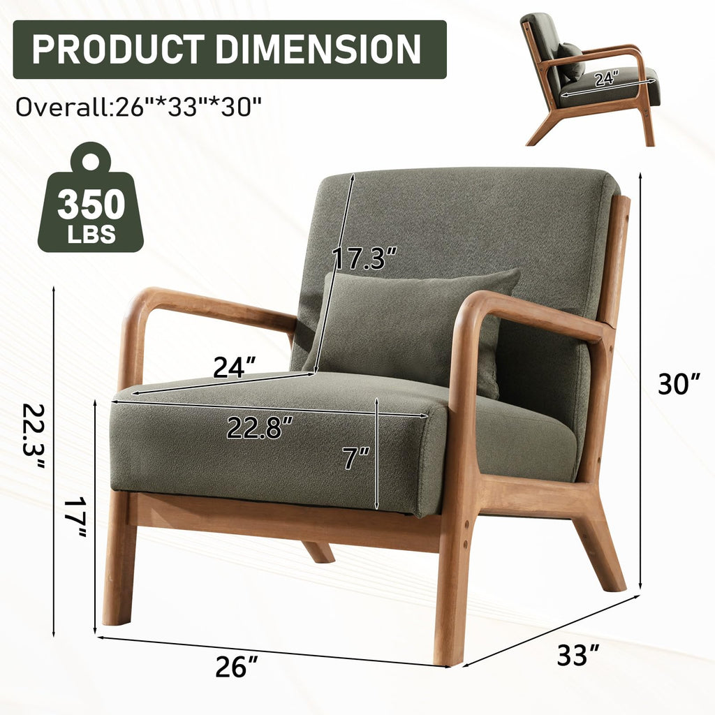 ANJ Mid Century Modern Accent Chair, Comfy Fabric Living Room Chairs with Solid Wood Frame, Lounge Reading Armchair, Easy Assembly, Beige
