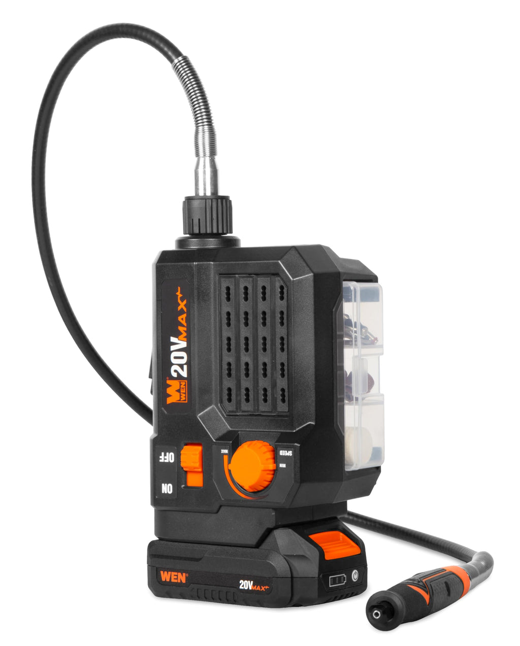 WEN 20V Max Cordless Variable Speed Rotary Tool Station with Flex Shaft, 40 Accessories, 2Ah Li-Ion Battery, and Charger (20923)