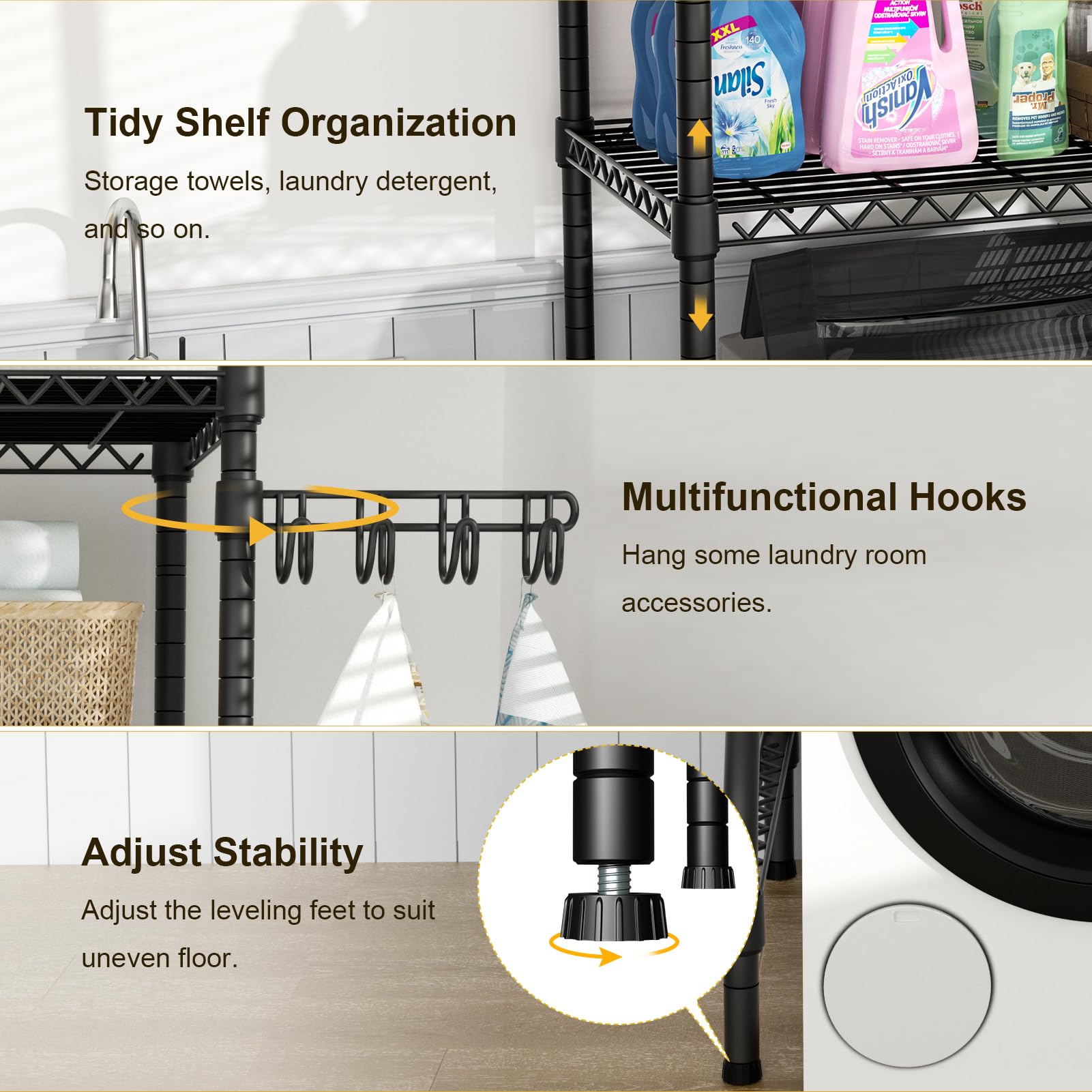 Ulif U8 Medium Laundry Room Storage Organizer, Over the Washer and Dryer Storage Shelves for Laundry Organization, 32.3”W x 17.3”D x 76.2”H, Suit Washing Machine Width within 29.9”, Hold 304 lb, Black