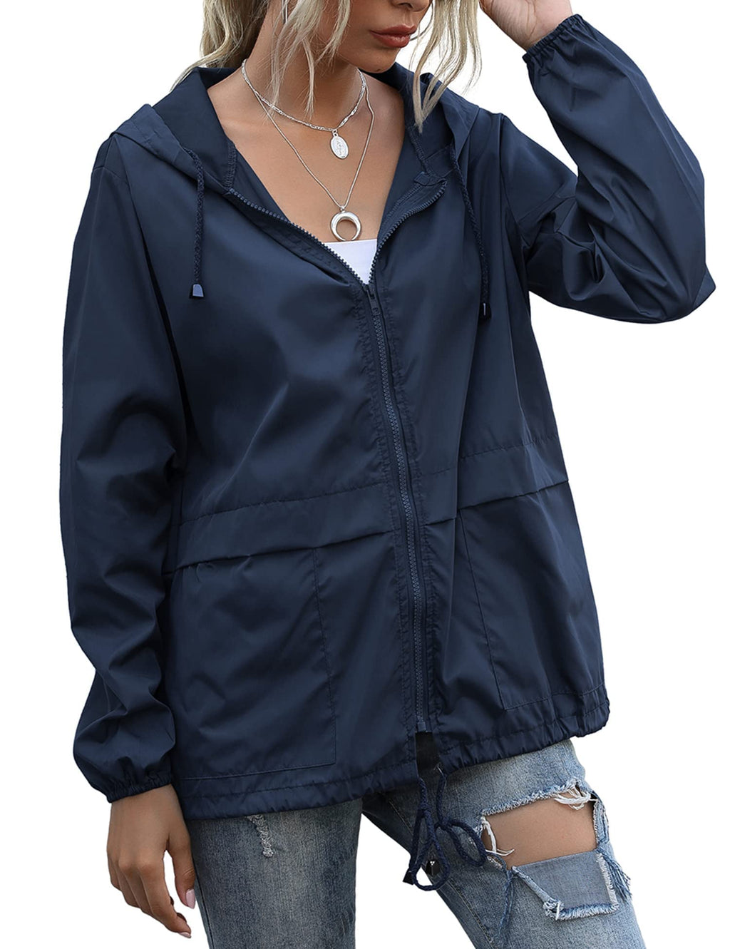 Women's Raincoats Lightweight Waterproof Windproof Adjustable Windbreaker Rain Jackets Hooded with Pockets S-XXL