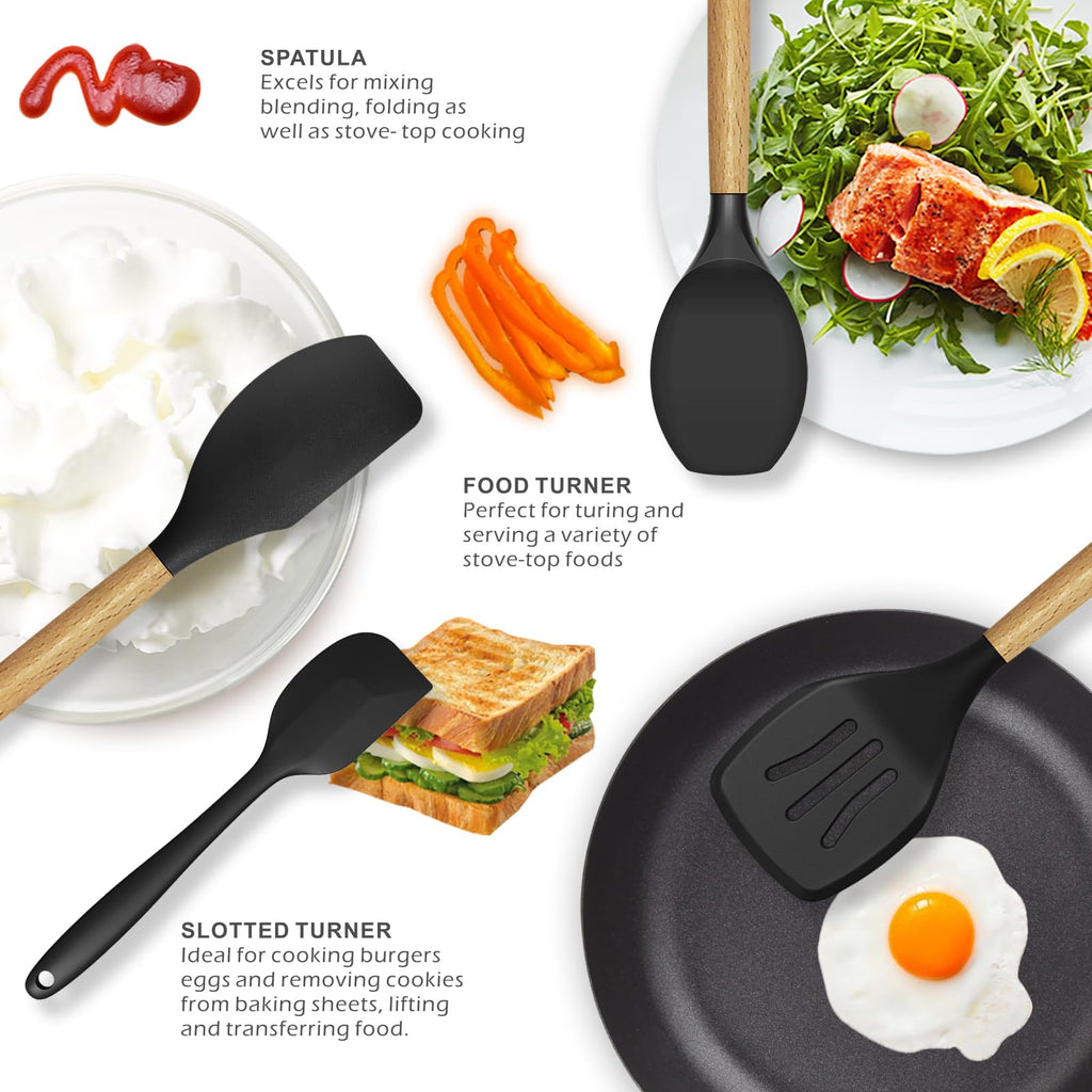 oannao Silicone Cooking Utensils Set - 446°F Heat Resistant Silicone Kitchen Utensils for Cooking,Kitchen Utensil Spatula Set w Wooden Handles, BPA FREE Gadgets for Non-Stick Cookware (Black)
