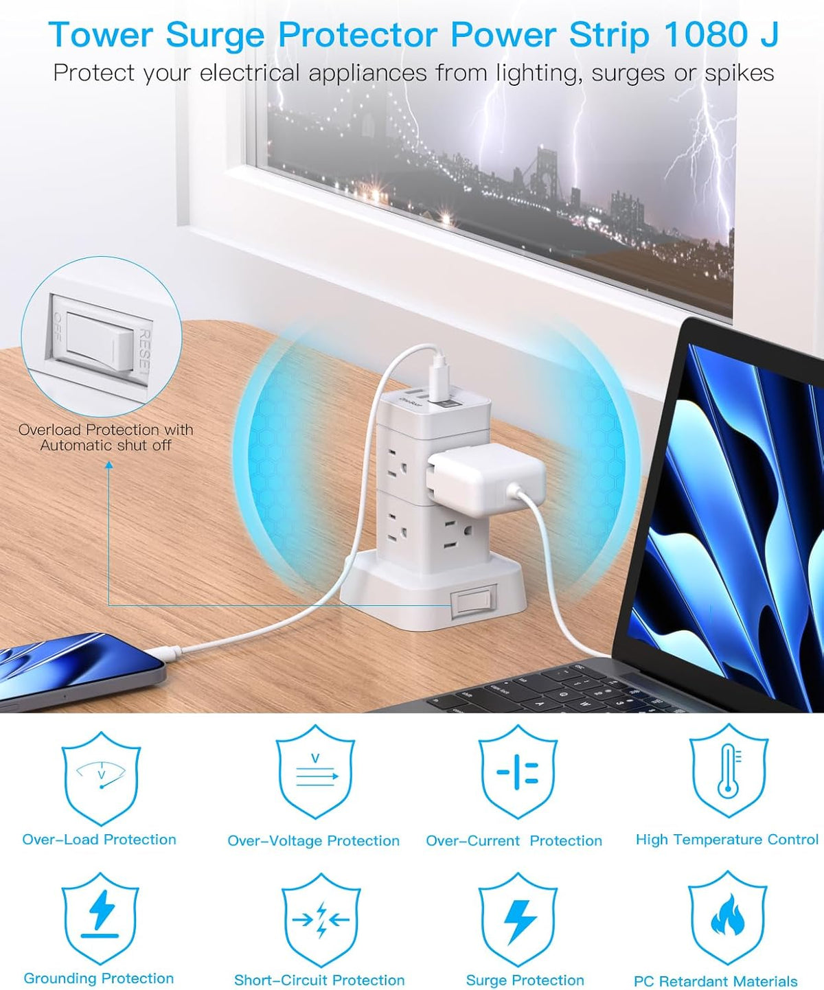 One Beat Tower Surge Protector Power Strip 10 ft,Long Flat Extension Cord with Multiple Outlets,8 AC Outlets with 4 USB Ports,Desktop Charging Station for Multiple Devices,for Home Office College Dorm