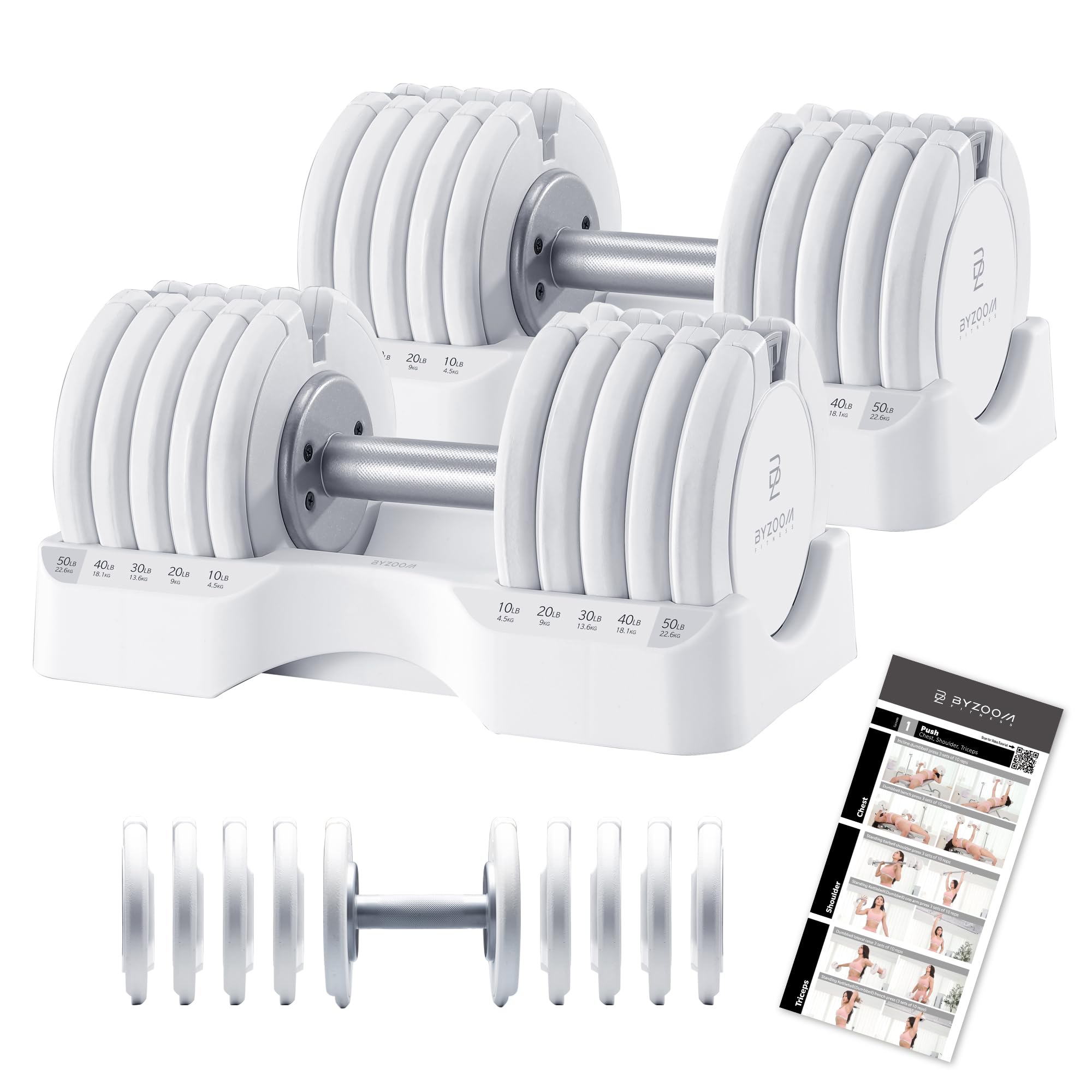 BYZOOM FITNESS Pure Series Adjustable Dumbbell - 12.5/25/27.5/50/55/75lb - ONE UNIT OR PAIR(check QTY before purchase) - 5-in-1/ 10-in-1 / 15-in-1 / 21-in-1 Flexible Hand Weights for Home Apartment Garage Gym, Strength Training & Fitness Workouts, White O