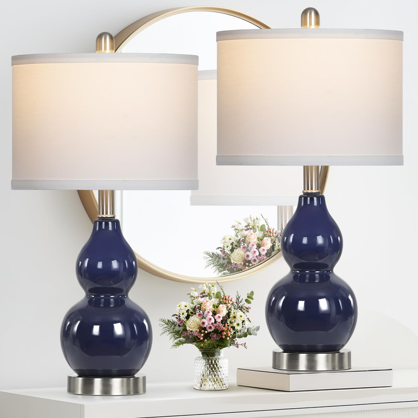 Rinweey Double Gourd Ceramic Table Lamps Set of 2, Modern Blue Bedside Lamps for Night Stand, Contemporary Nightstand Lamps for Bedroom Living Room (Bulb Included)