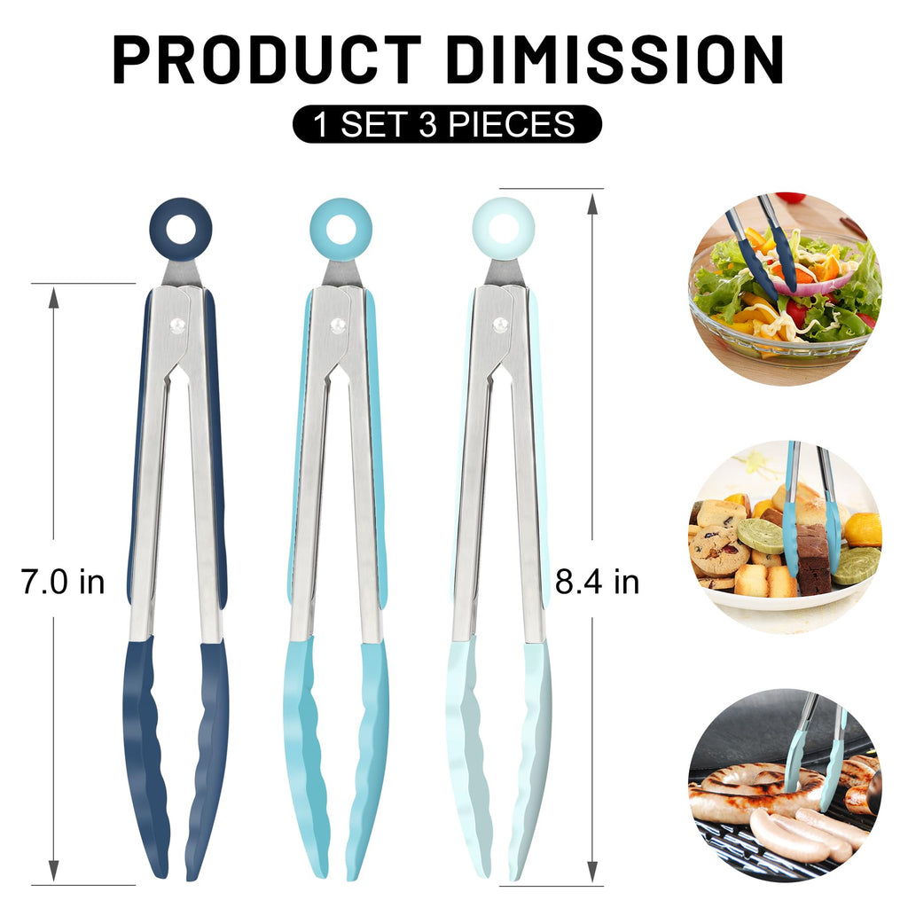 Hotec Mini Silicone Kitchen Tongs for Cooking - 7-Inch Small Serving Tongs with Silicone Tips, Set of 3 (Black)