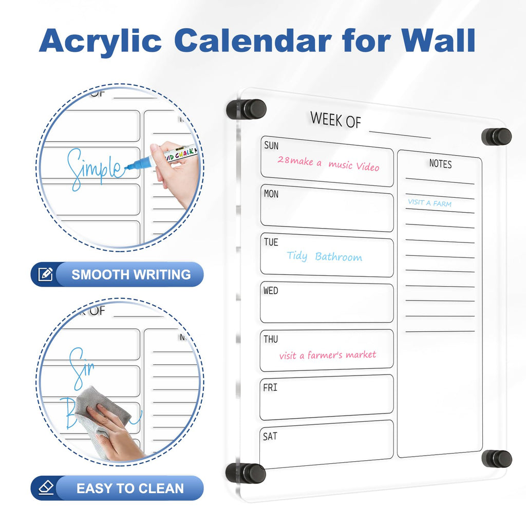 Acrylic Calendar for Wall Whiteboard, 12" x 12" Weekly Clear Dry Erase Board, Small Planning Board White Board for Wall, Home, Office, School
