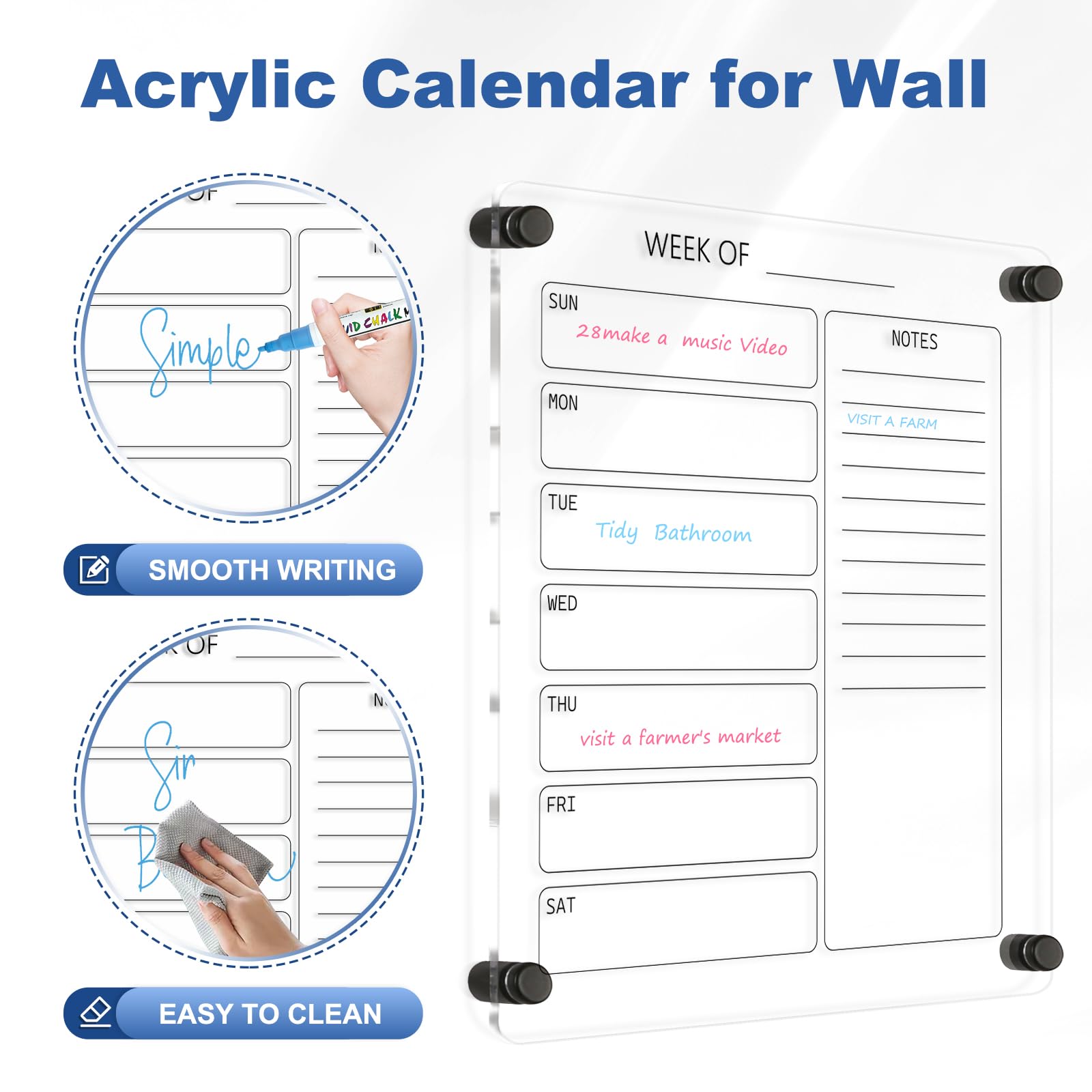 Acrylic Calendar for Wall Whiteboard, 12" x 12" Weekly Clear Dry Erase Board, Small Planning Board White Board for Wall, Home, Office, School