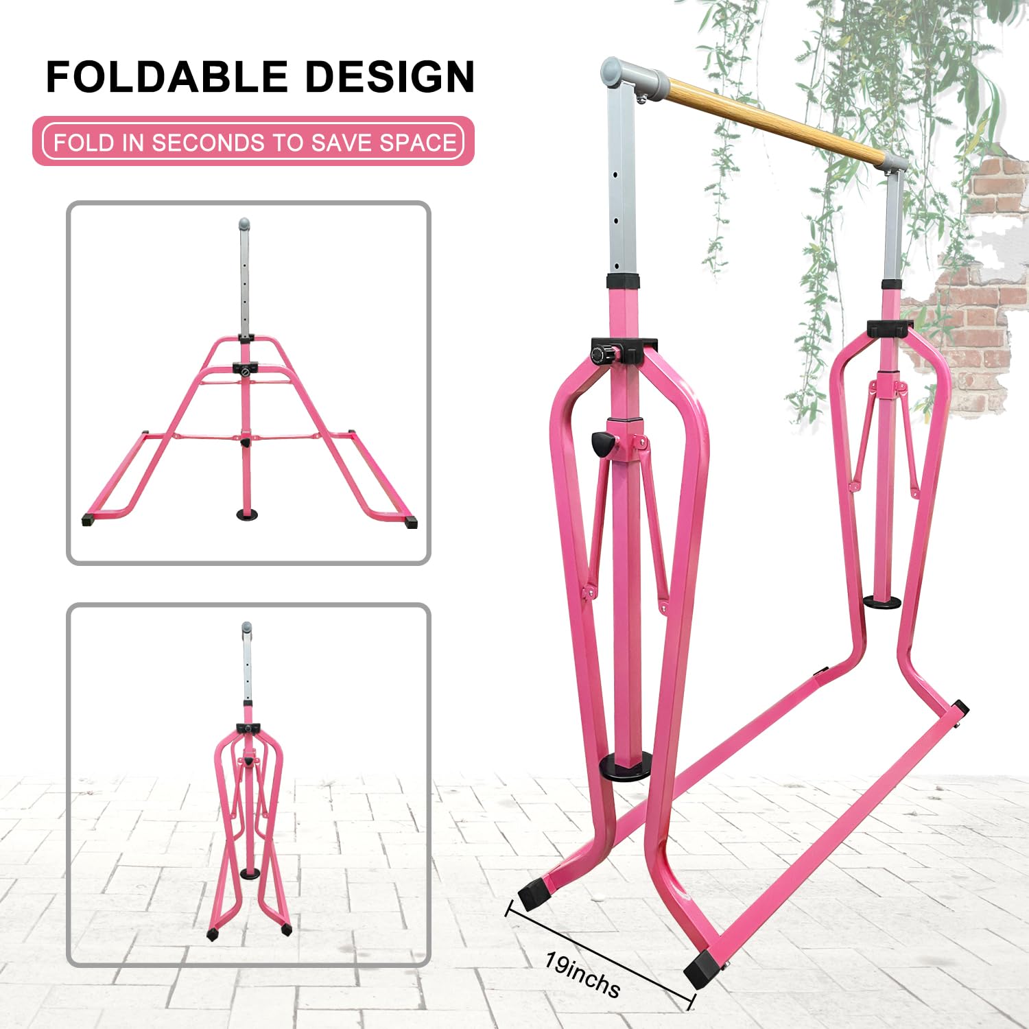 Foldable & Moveable Gymnastics Horizontal Bar with Rings,3’to 5’Adjustable Height Expandable Junior Kip Bar for Home,Indoor Gym Equipment for Kids