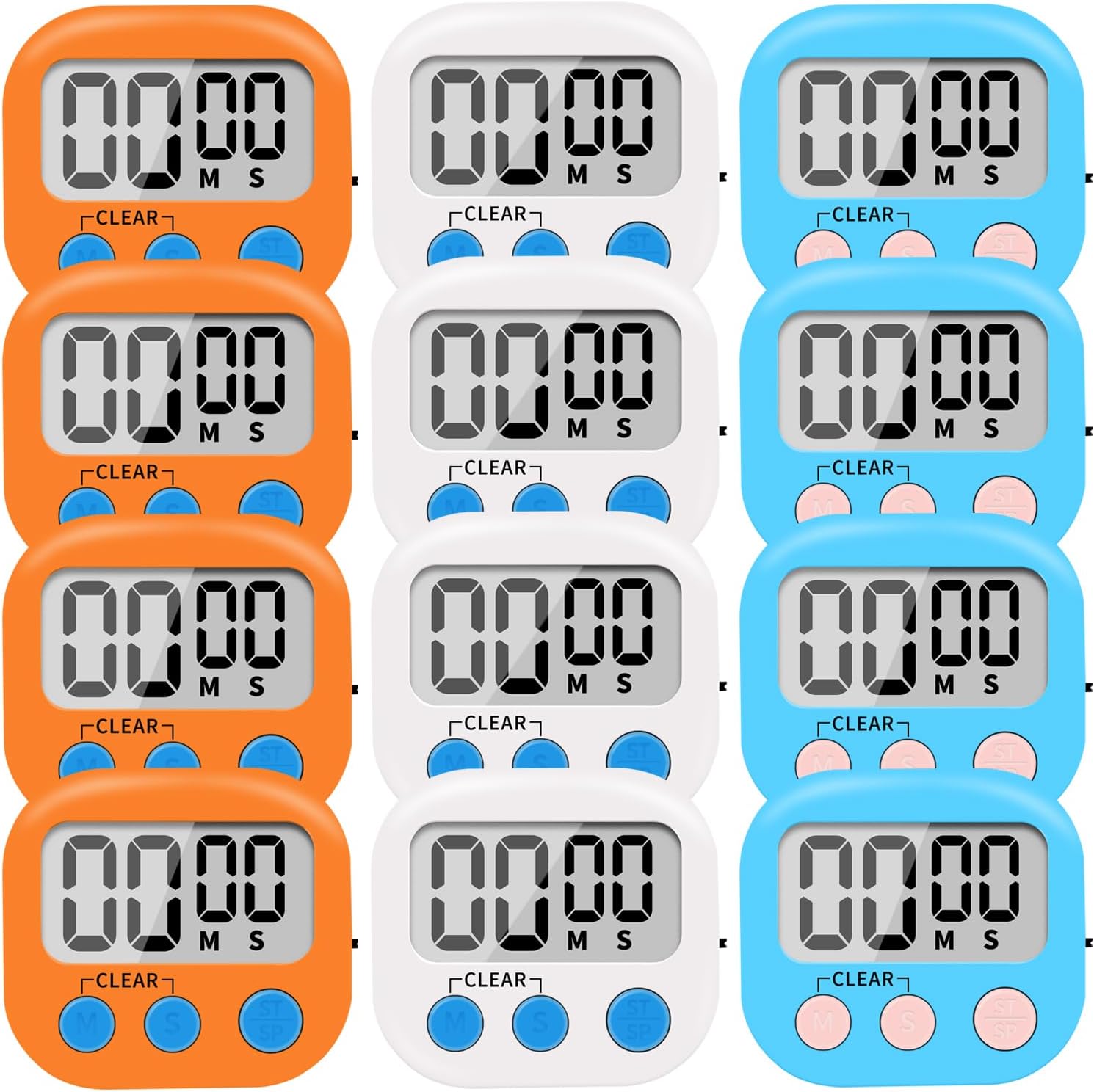 12 Pack Small Digital Kitchen Timer Magnetic Back and ON/Off Switch,Minute Second Count Up Countdown（White,Blue,Orange