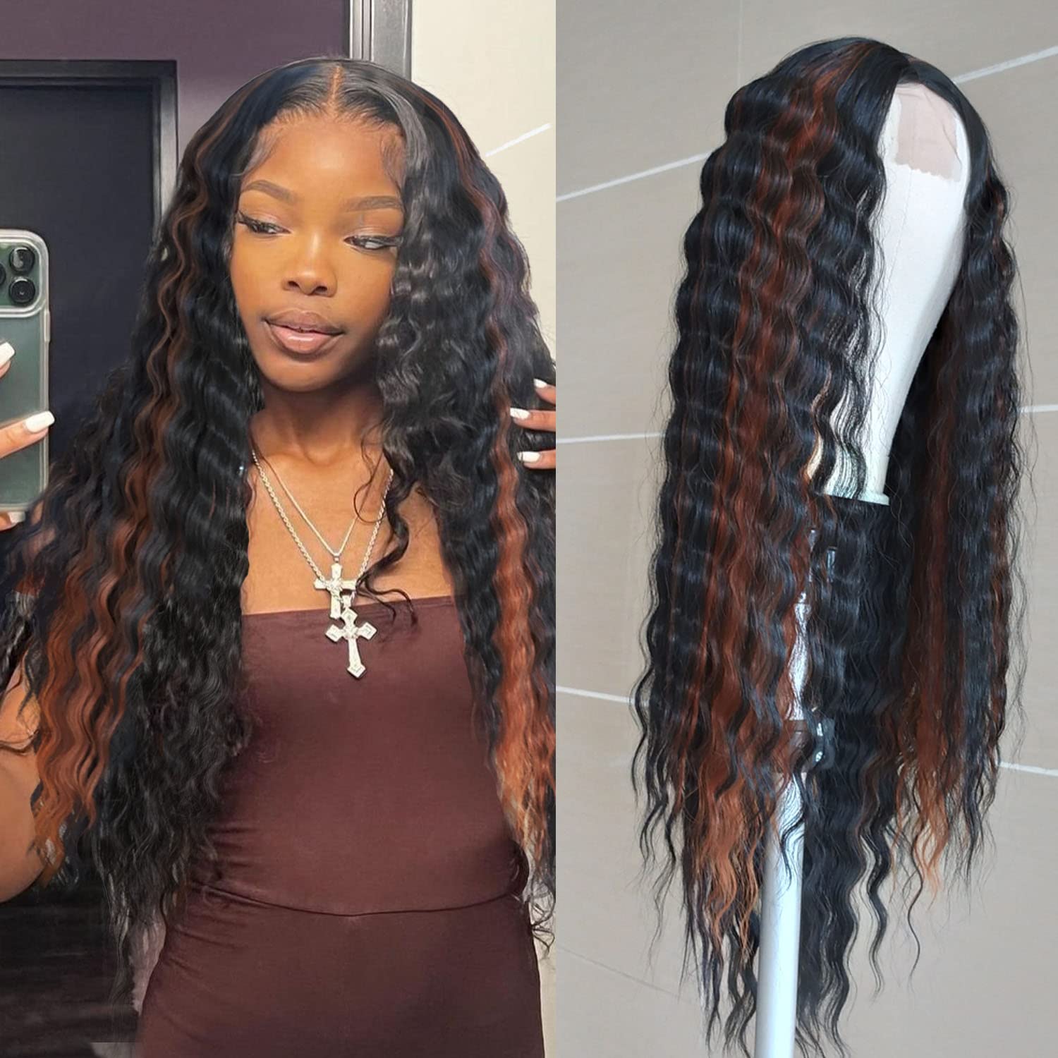 INSTASTYLE 30 Inch Synthetic Curly Wigs for Women Long Black Hair Wig Lace Front 4" Simulated Scalp Natural Loose Deep Wave Crimps Curls Wig As Hair Replacement Wigs 1B