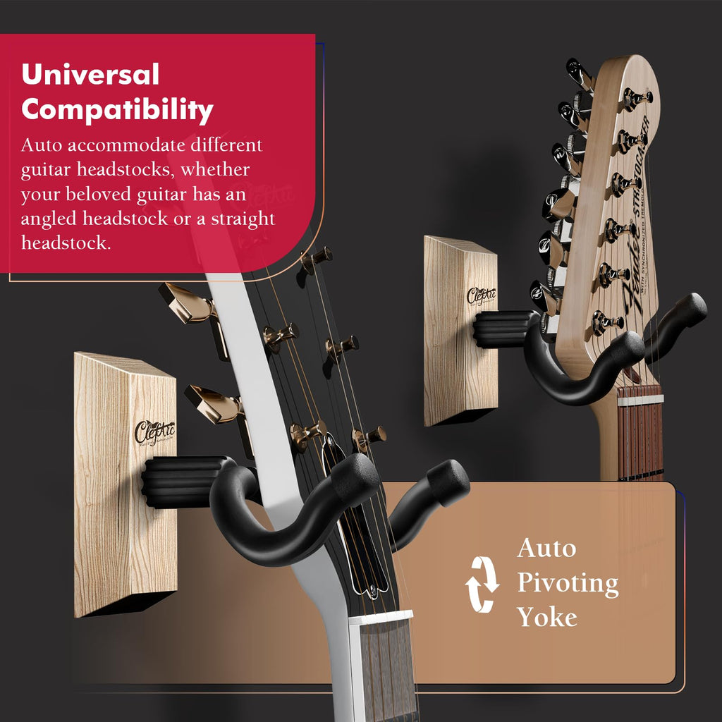 Guitar Wall Mount Beech Wood - 2 Pack U-Shape Guitar Wall Hangers, Guitar Picks, Pick Holder, Guitar Stand Wall, Guitar Hanger, Gifts for Guitarists, with 6 Assorted Guitar Picks
