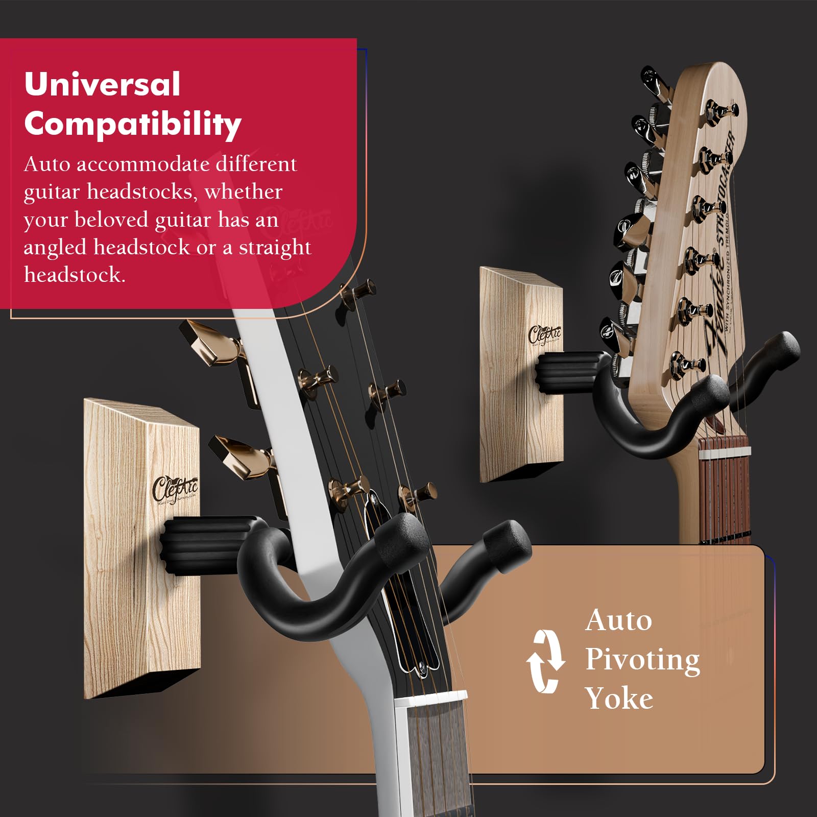 Guitar Wall Mount Beech Wood - 2 Pack U-Shape Guitar Wall Hangers, Guitar Picks, Pick Holder, Guitar Stand Wall, Guitar Hanger, Gifts for Guitarists, with 6 Assorted Guitar Picks