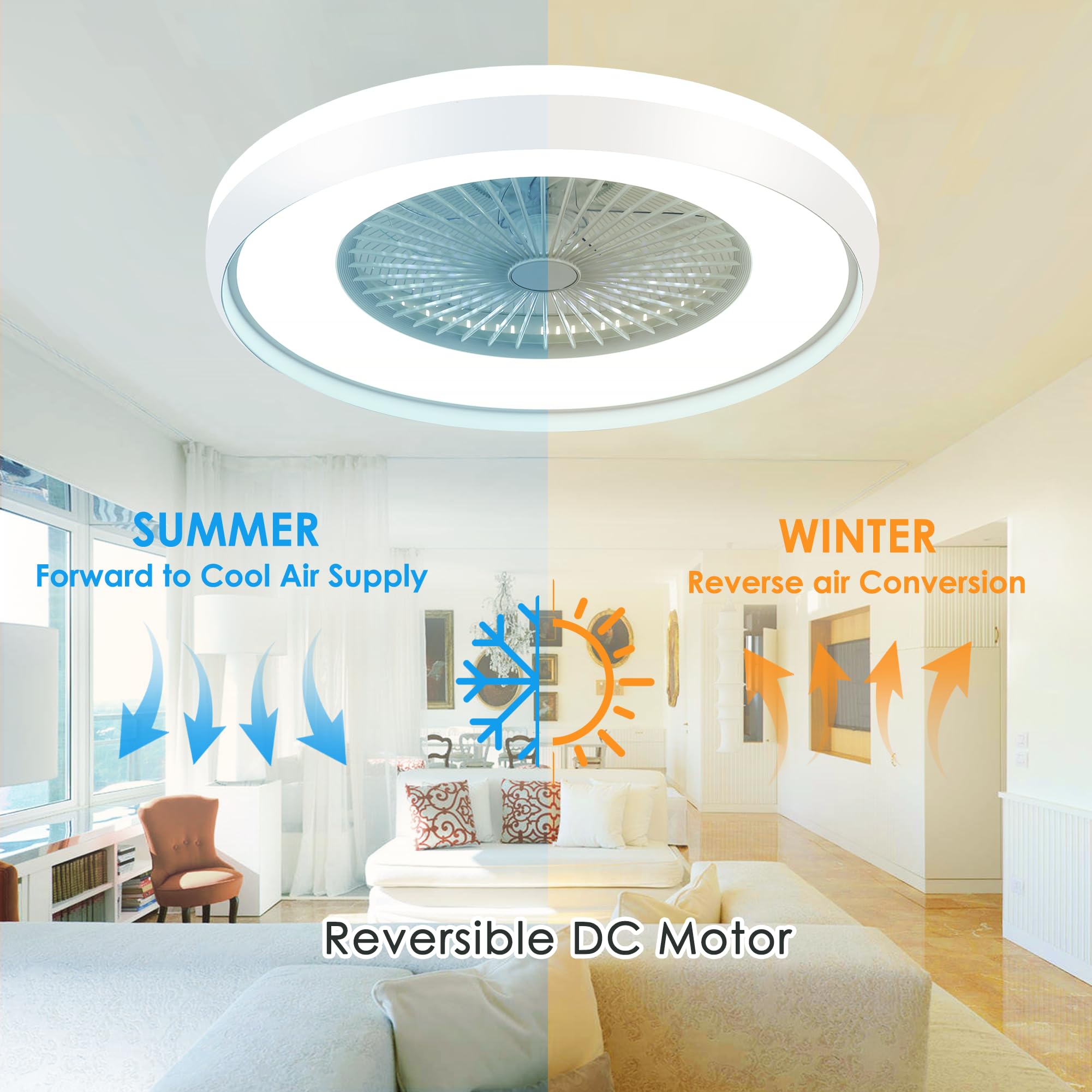 24" Bladeless Ceiling Fan with Light Remote, Smart LED Ceiling Fans with App Control, Modern Low Profile Dimmable Light Ceiling Fan for Bedroom Living Room Gold