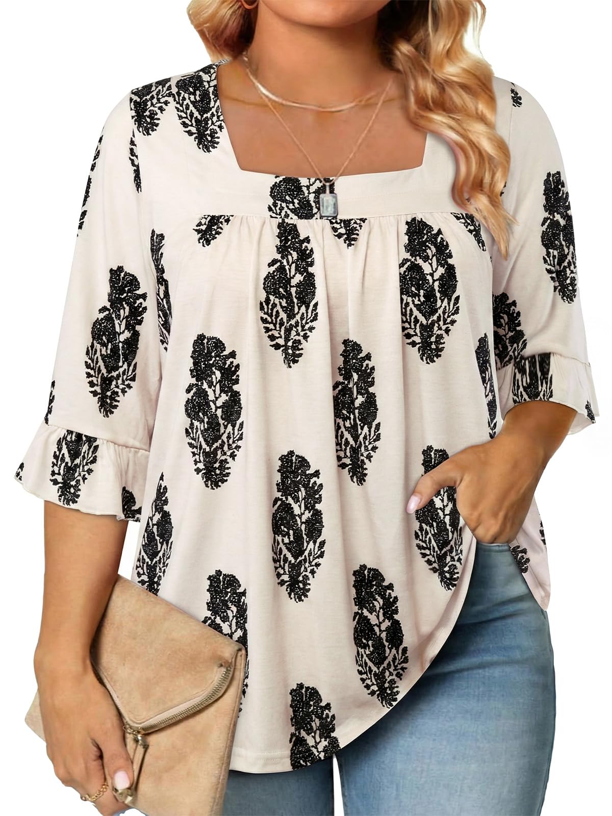 Siddhe Womens Plus Size Tops Loose Fit 3/4 Ruffle Sleeve Blouses Square Neck T Shirt Casual Tunic Tops(1X-5X)