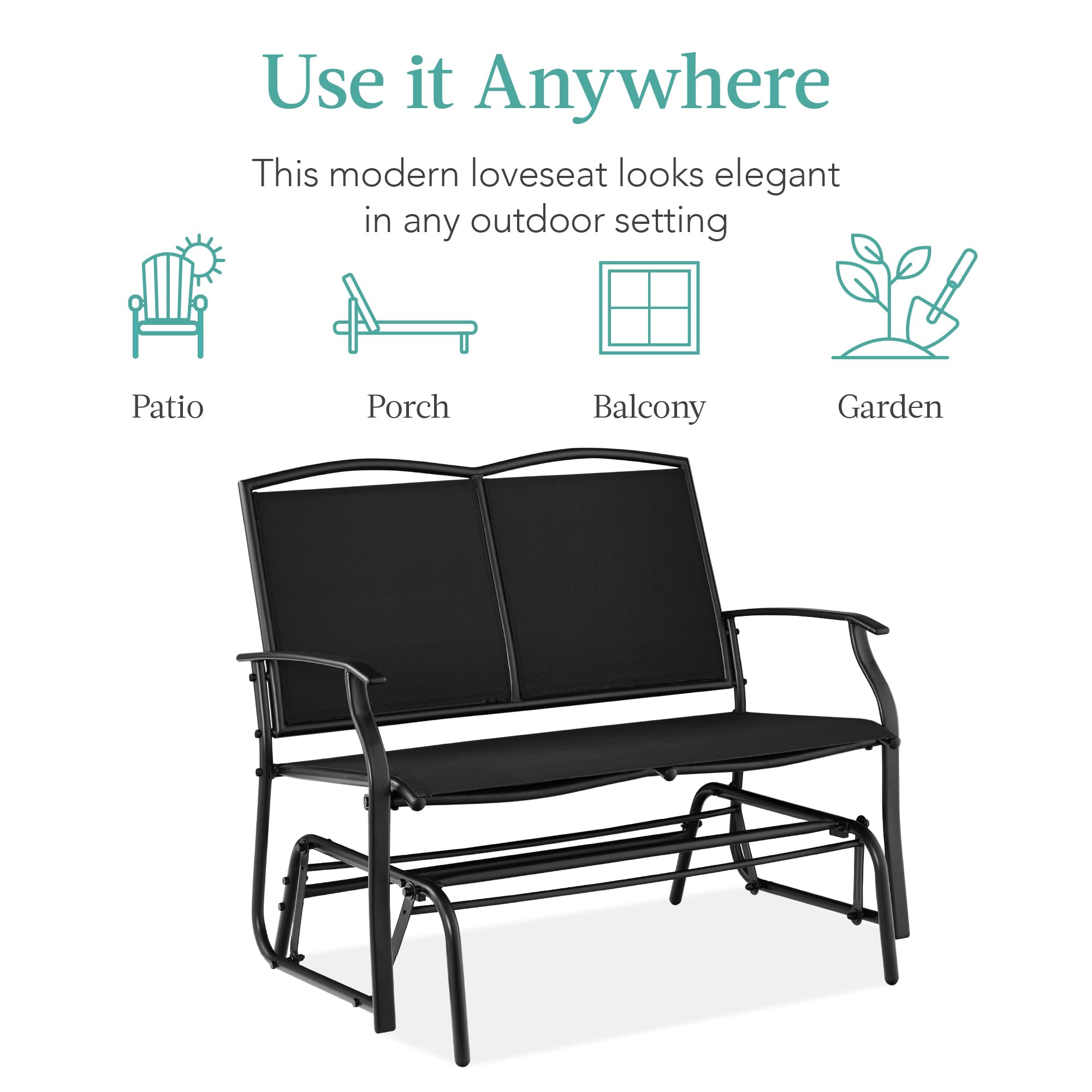 Best Choice Products 2-Person Outdoor Patio Swing Glider Steel Bench Loveseat Rocker for Deck, Porch w/Textilene Fabric, Steel Frame - Black