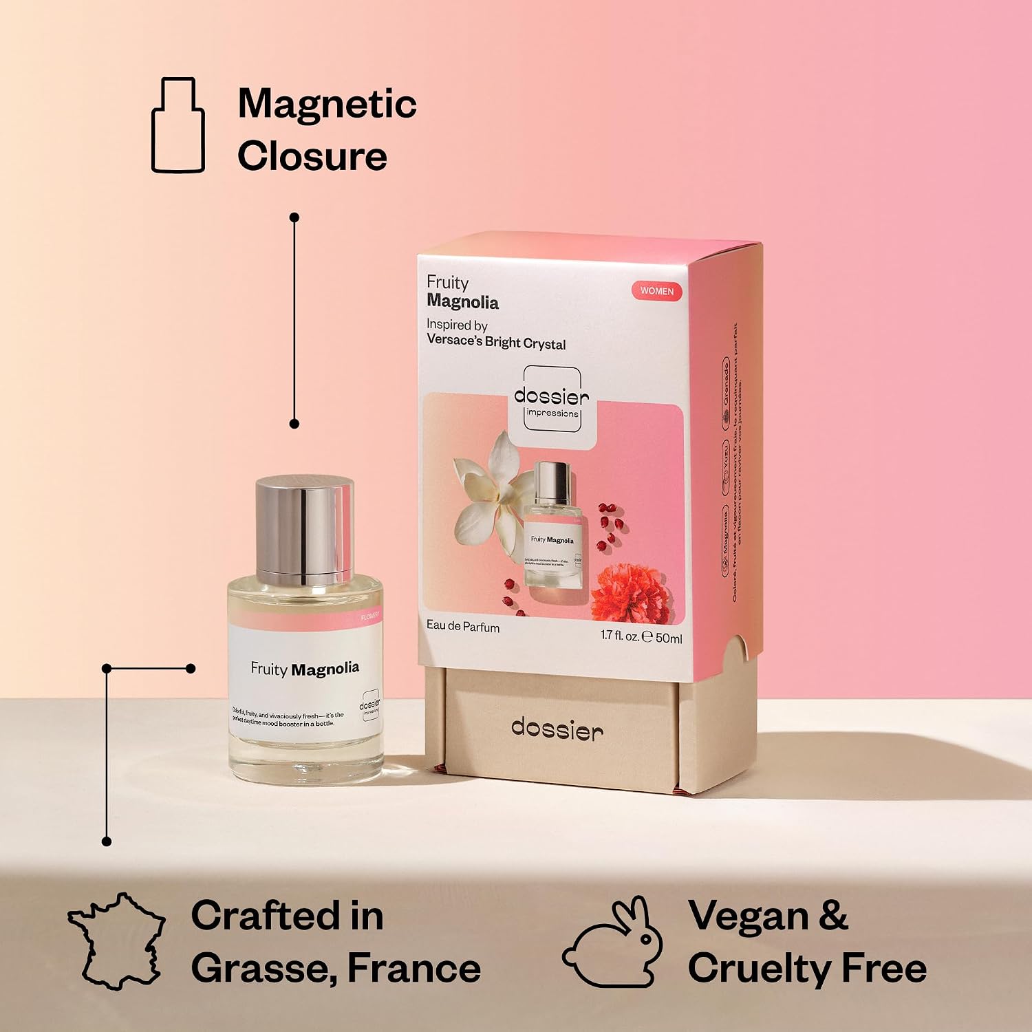 Dossier - Fruity Magnolia - Eau de Parfum - Inspired by Bright Crystal - Long-Lasting Fragrance - Feminine - 1.7 fl oz (50ml)