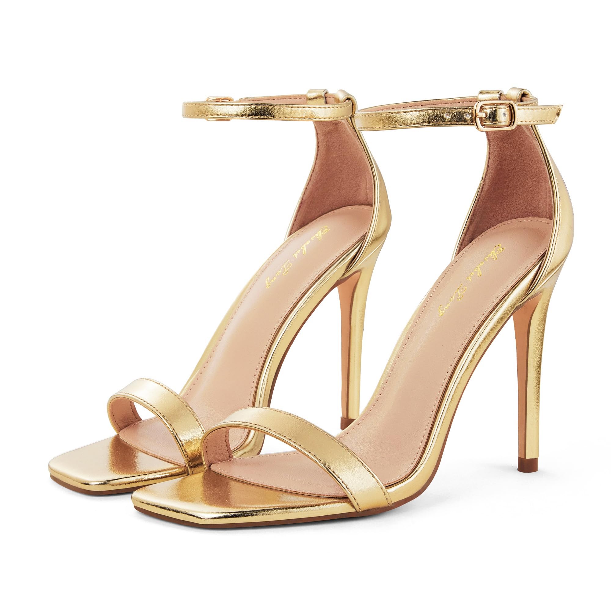 Elisabet Tang Women's Stiletto Heels Square Open Toe Ankle Strap High Heeled Sandals 4 Inch Comfort Sexy Dressy Shoes