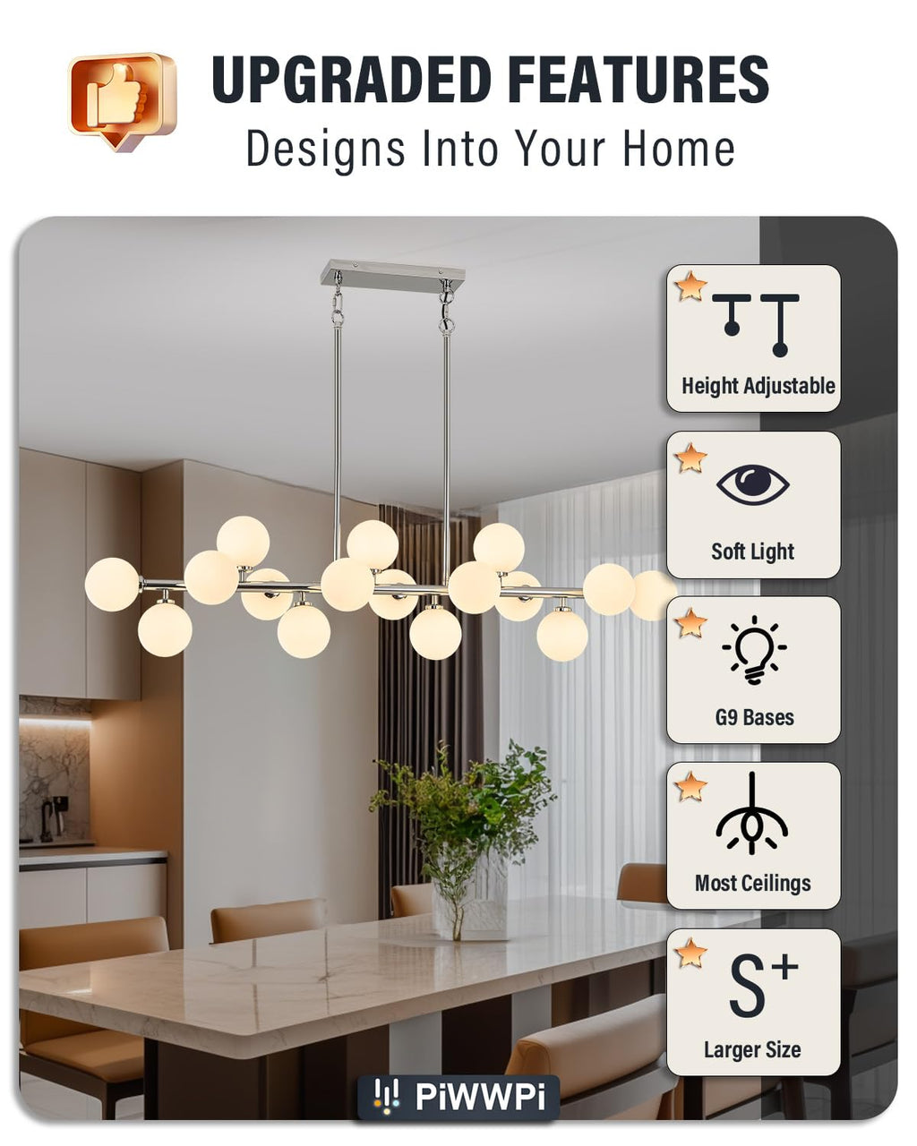 Modern Linear Chandeliers for Dining Room, 8-Light Globe Sputnik Pendant Ceiling Light, Black Dining Room Light Fixture Over Table, Mid Century Glass Milk White Bubble, 31.5 Inch, GC-09