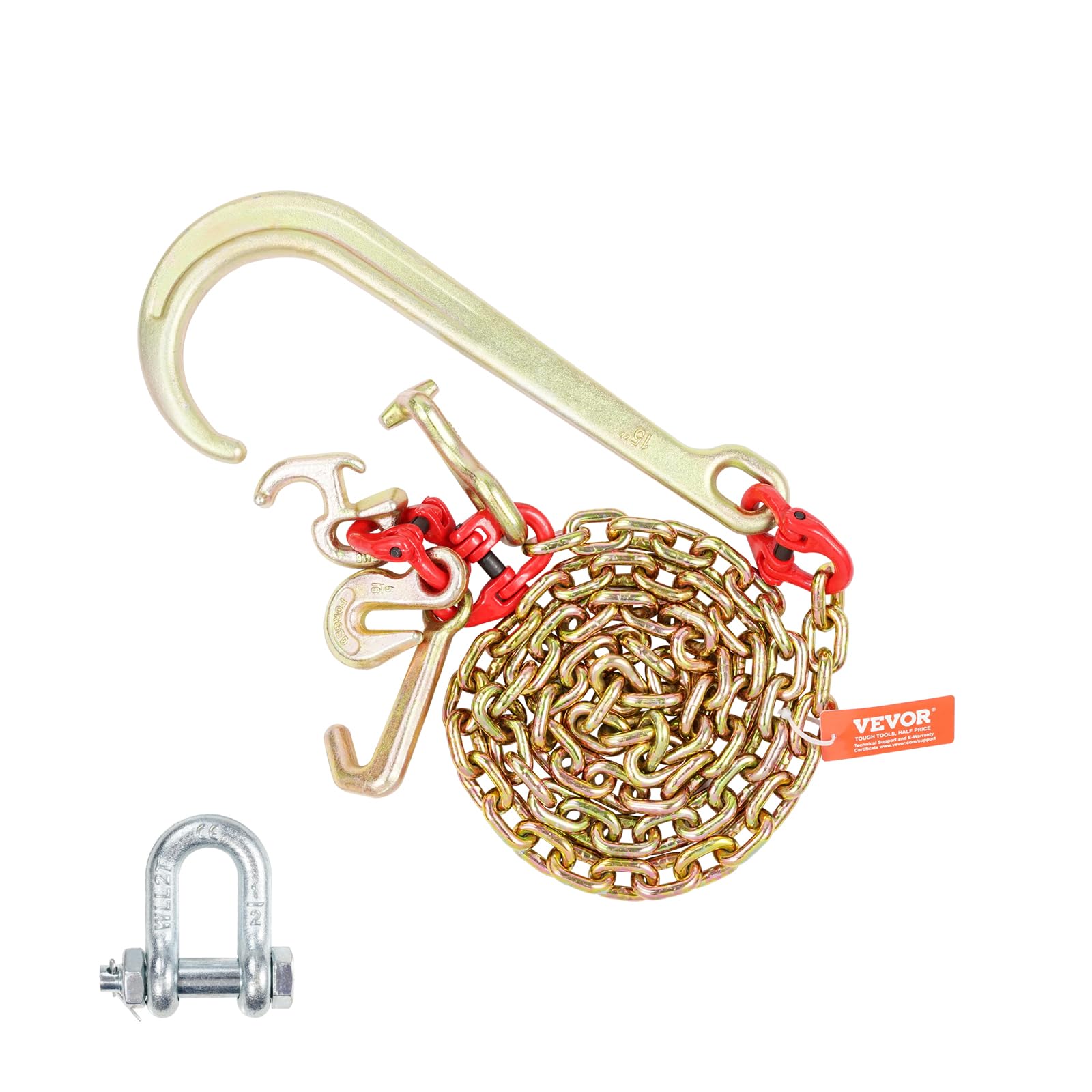 VEVOR G80 V Bridle Chain, 3/8" x 2' Towing Chain Bridle with 15" J Hooks, T Hooks & Grab Hooks, Heavy Duty Transport Tow Chain Bridle with 7800 lbs Safe Working Load for Flatbed Truck Wrecker Recovery