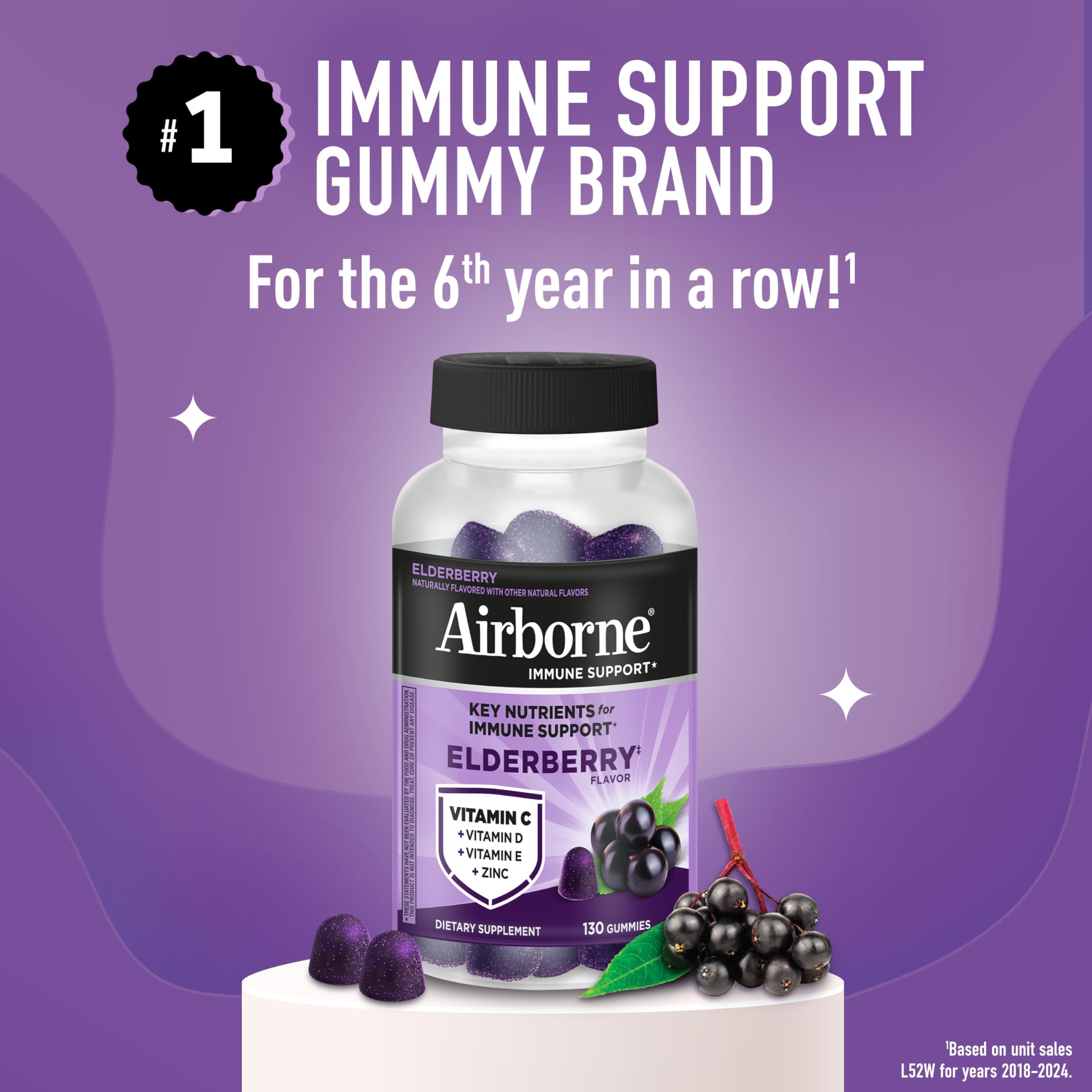 Airborne Elderberry + Zinc & Vitamin C Gummies For Adults, Immune Support Vitamin D & Zinc Gummies With Powerful Antioxidant Vitamins C D & E - 50 Gummies, Elderberry Flavor