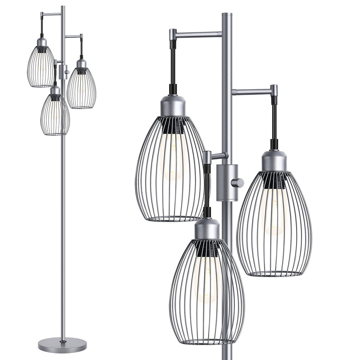 Dimmable Floor Lamp, 3 x 800LM LED Edison Bulbs Included, Farmhouse Industrial Floor Lamp Standing Tree Lamp with Elegant Teardrop Cage Tall Lamps for Living Room Bedroom Office Dining Room-Brass