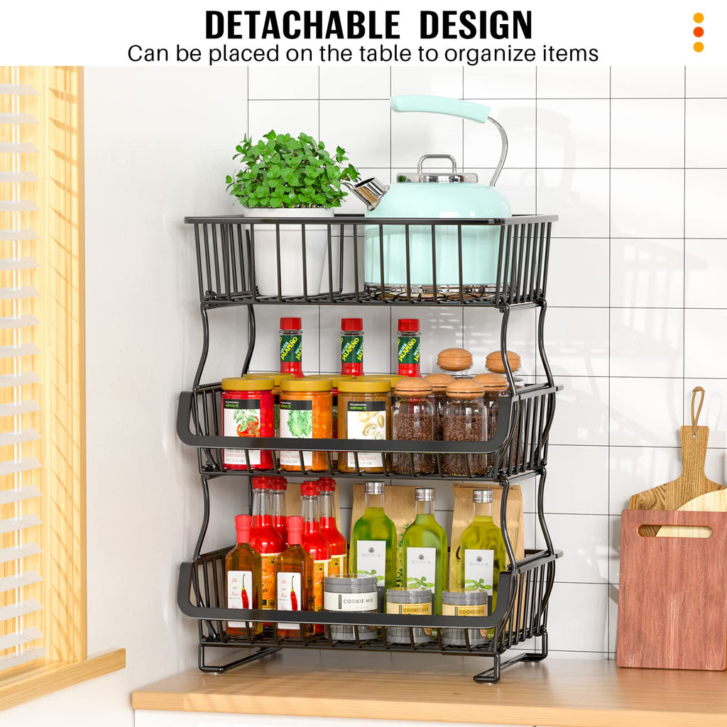 Gsiekare Fruit Vegetable Basket for Kitchen, 4 Tier Stackable Fruit Vegetable Storage Baskets with Wheels, Metal Wire Storage Basket Organizer Baskets for Kitchen, Pantry, Bathroom