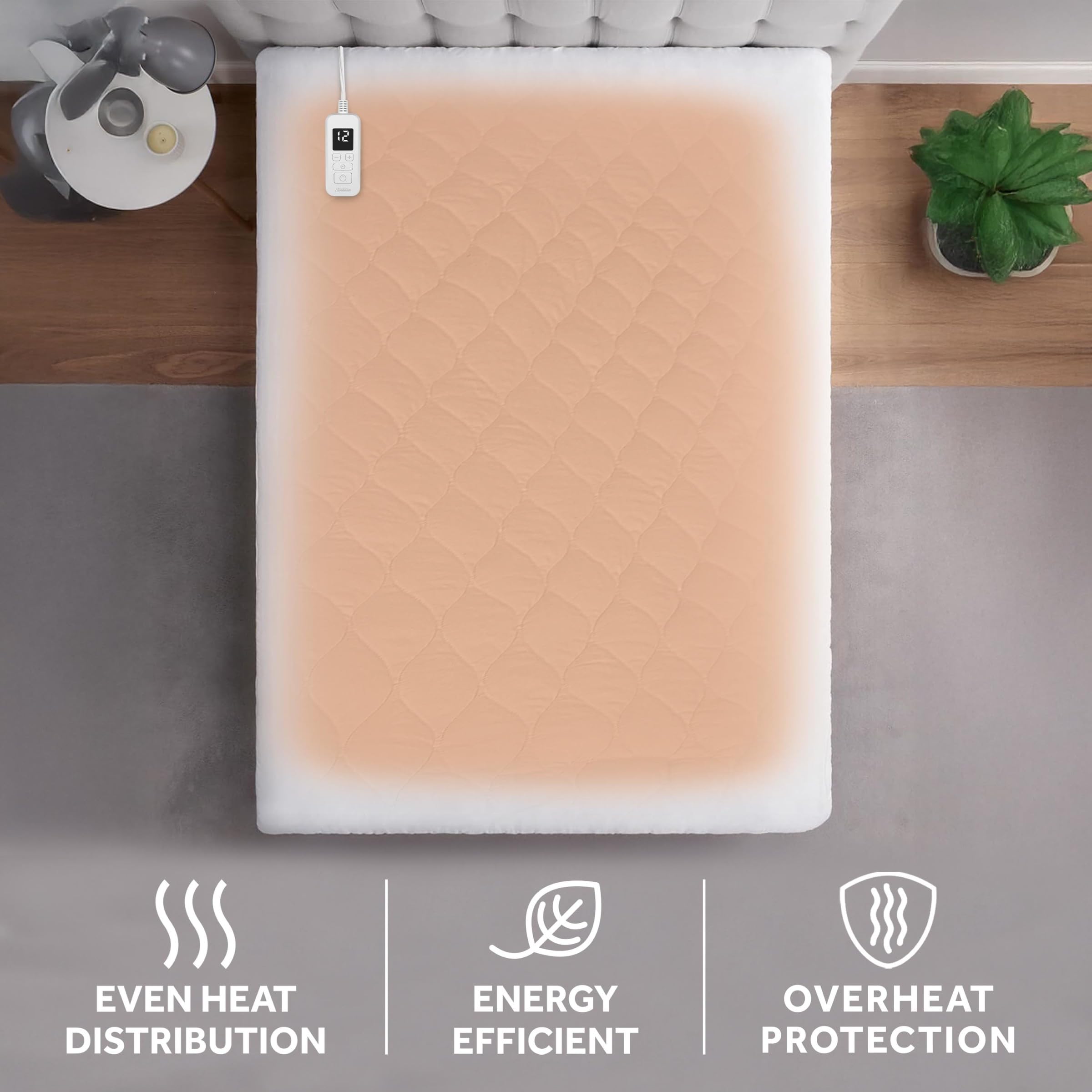 Sunbeam Restful Quilted Water Resistant Heated Mattress Pad - Full White
