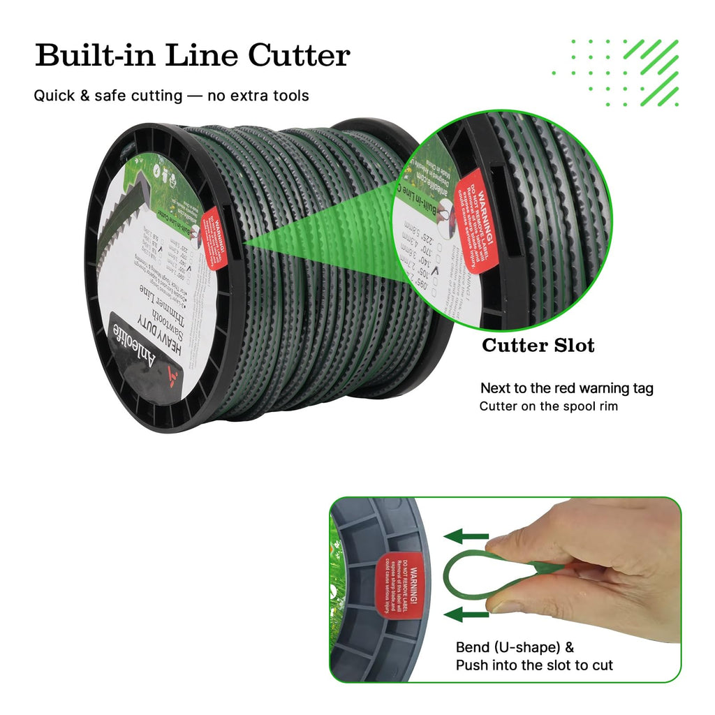 A Anleolife 1-Pound Heavy Duty Sawtooth 140-mil-by-108-ft Dual Core String Serrated Trimmer Line Donut for Walk Behind Wheeled Mowers with Built-in Line Cutter