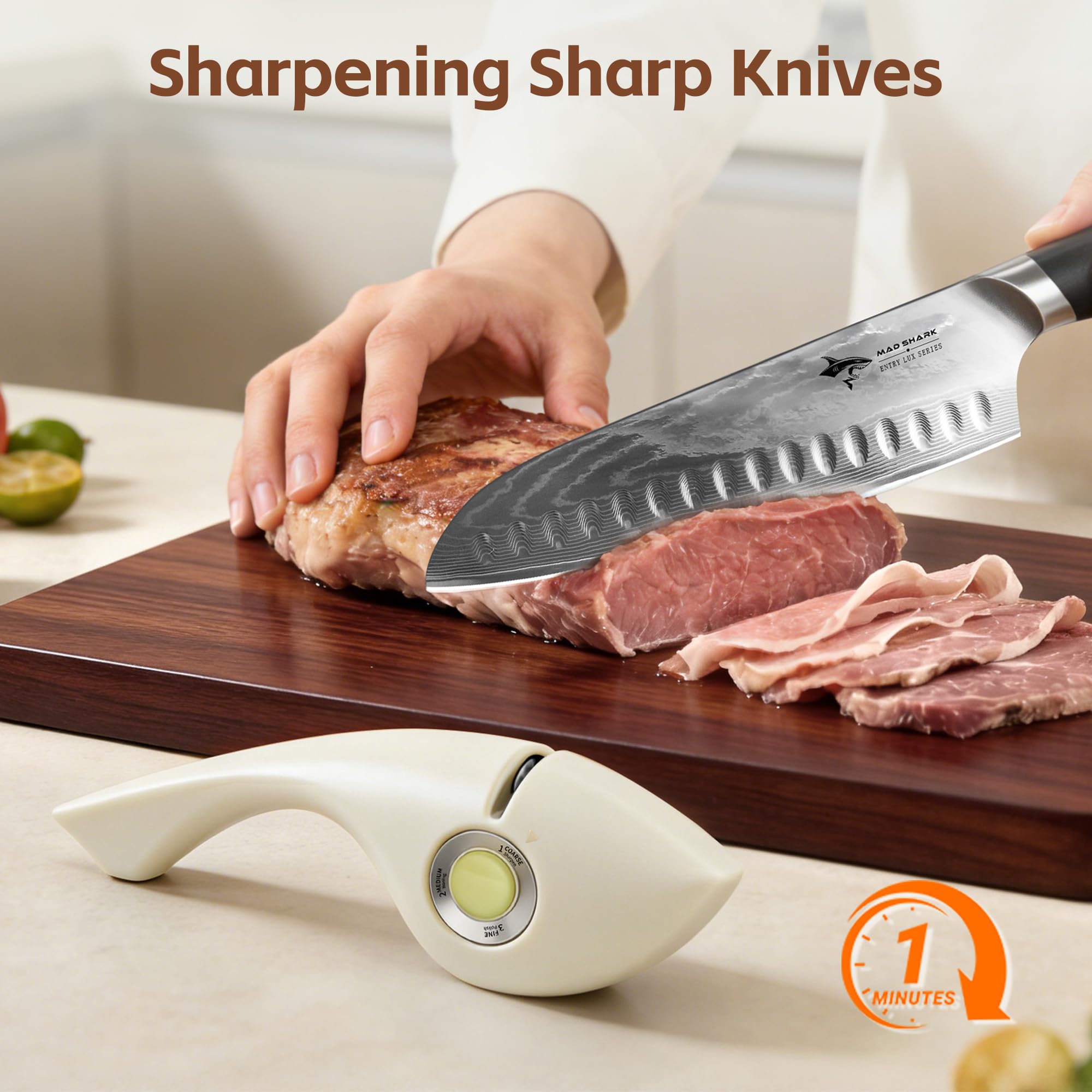 MAD SHARK 1-Button 3-Stage Knife Sharpener - Adjustable Diamond & Ceramic, No-Scratch ABS Body for All Kitchen/Pocket Knives,Repairs, Sharpens & Polishes,One-Handed Operation with Non-Slip Base