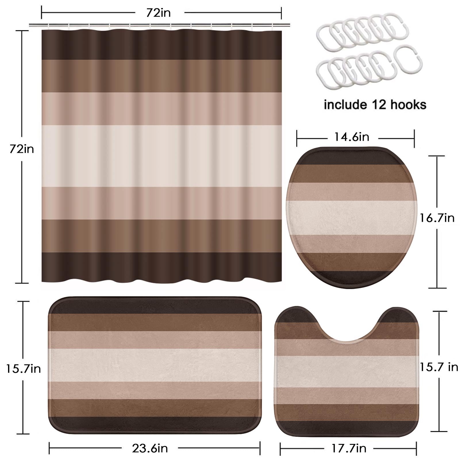 Beige Geometric Shower Curtain Set with Toilet Lid Cover and Non-Slip Rugs for Bathroom, Black Grey White Checkered 4 Pcs Shower Curtain, Modern Abstract Bathroom Set with 12 Hooks