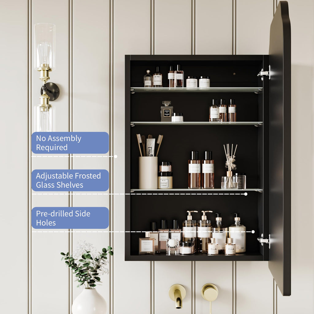 AGDULL Victorian Surface Mount or Recessed Medicine Cabinet, Wood Bathroom Wall Cabinet with Arched Mirror, Black, Left-Swing Door, Overall 16.5" W x 24" H