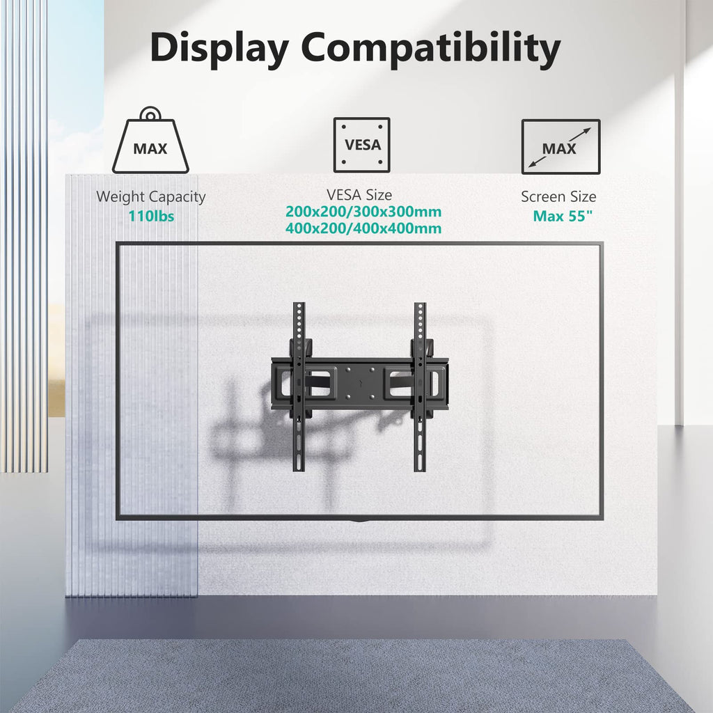 WALI Full Motion TV Wall Mount for 32–70 Inch TVs – Dual Articulating Mount with Swivel, Tilt & Extension | VESA up to 400x400mm | Fits 12/16" Wood Studs | Holds Up to 88 lbs