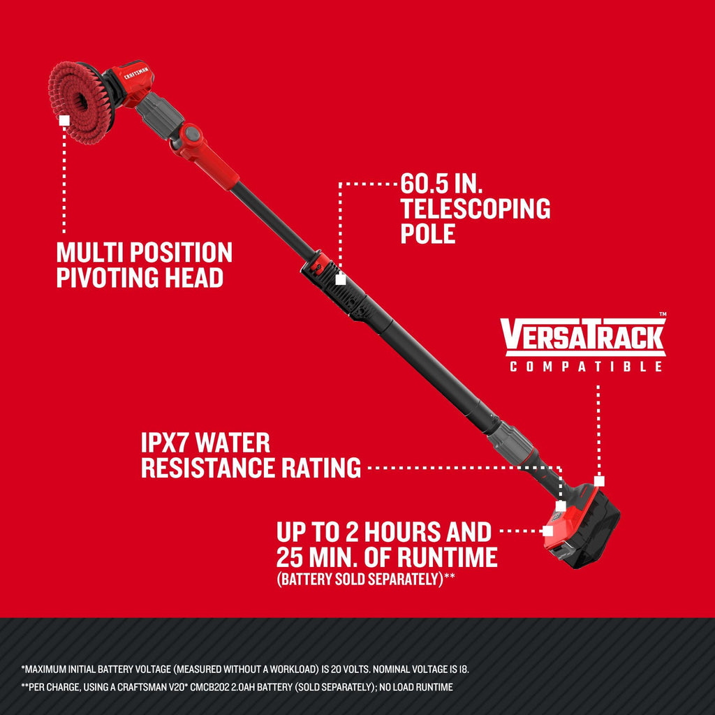 CRAFTSMAN V20 Cordless 2-in-1 Power Scrubber Kit, Multi-Purpose, Includes Bristle Brush, 2Ah Battery, V20 Battery Charger, and 60.5 in. Telescoping Pole (CMCPS520D1)