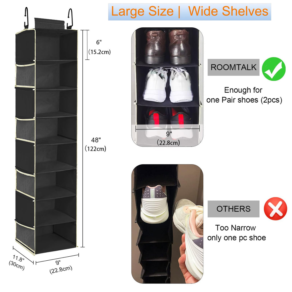 Large-Sized Hanging Shoe Organizer 8-Shelf, Hanging Closet Organizer with 8 Side Pockets, Wider Hanging Shelves for Storage Shoes Clothes 9" W × 11.8" D× 48" H, Beige.