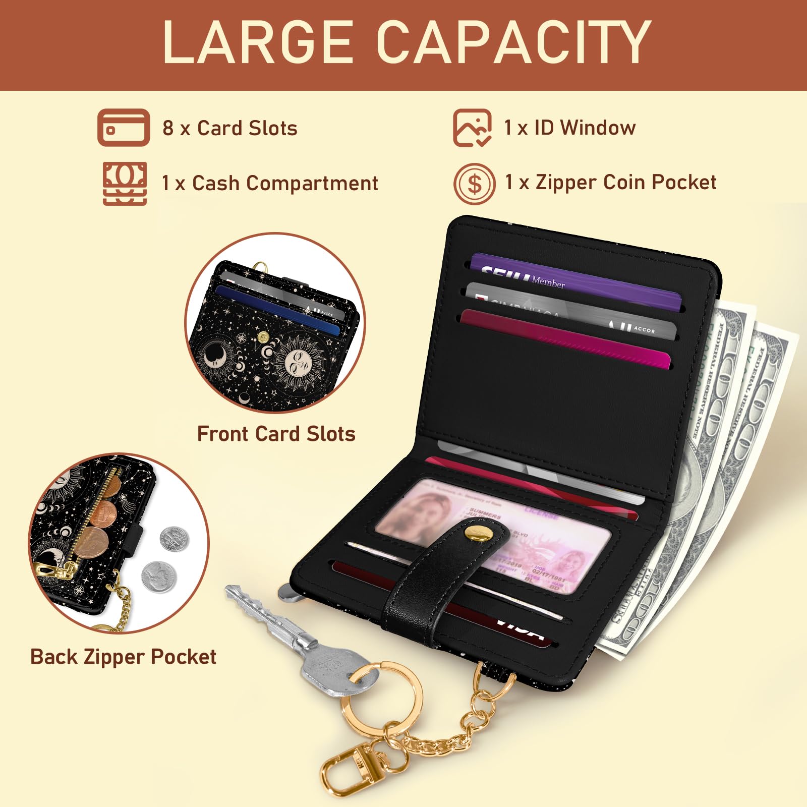 Jogjam Small Ladies Wallet, Rfid Slim Thin Compact Credit Card Women Wallet, PU Leather Bifold Cash Wallet, Zipper Coin Pocket & ID Window, Female Gifts Beige and Brown