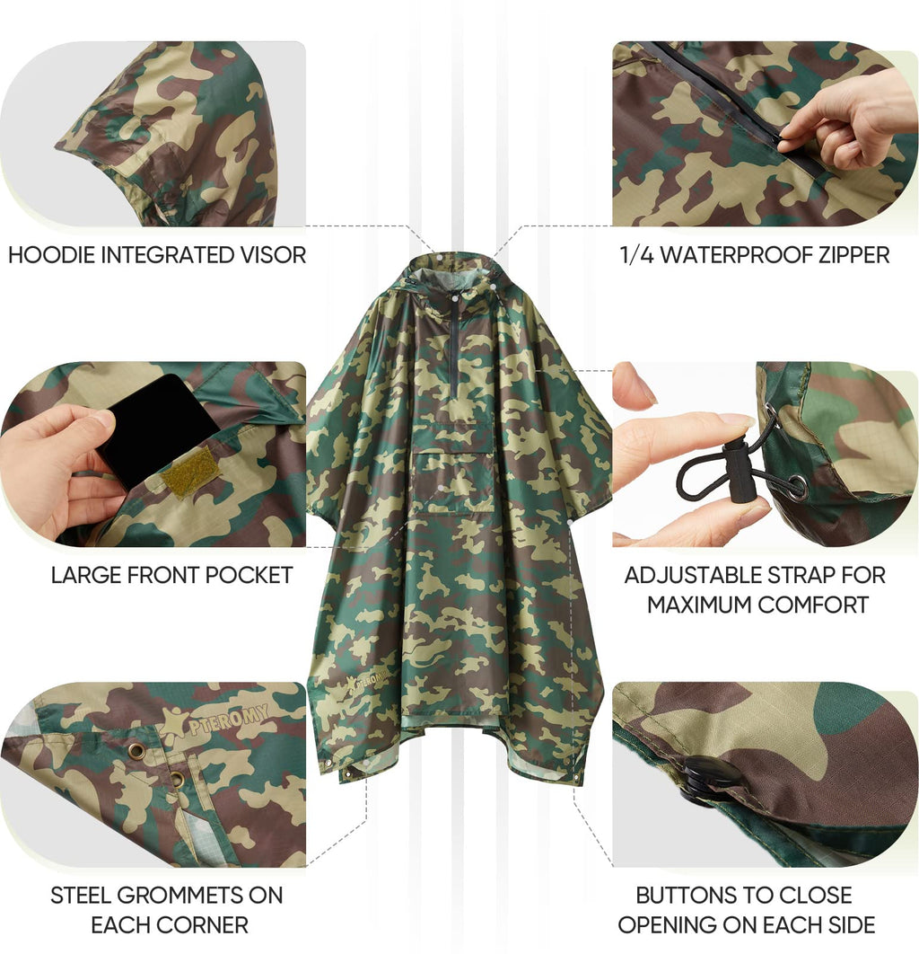 PTEROMY 3-in-1 Hooded Rain Poncho for Adult with Pocket, Waterproof Lightweight Unisex Raincoat for Hiking Camping Emergency