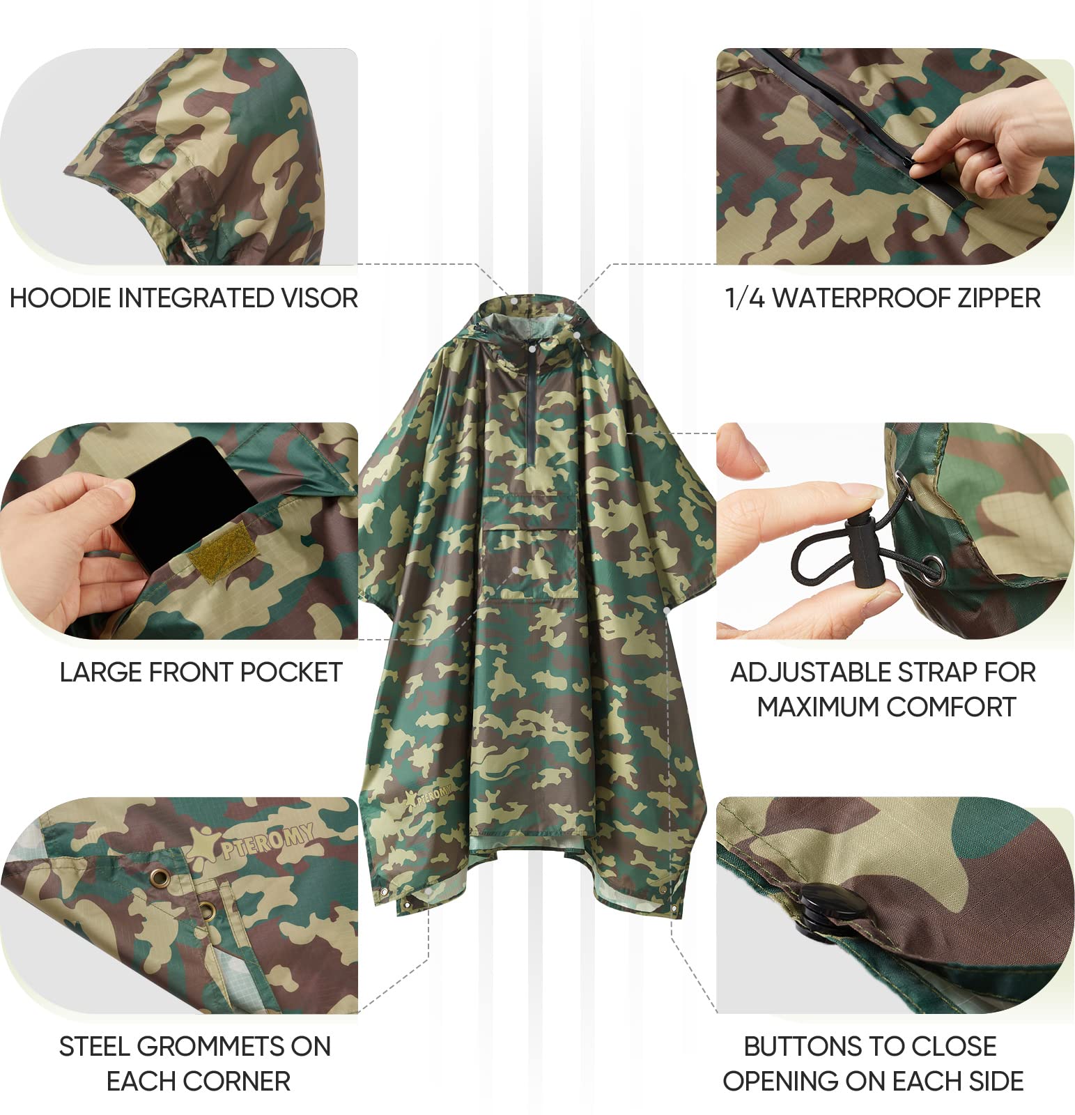 PTEROMY 3-in-1 Hooded Rain Poncho for Adult with Pocket, Waterproof Lightweight Unisex Raincoat for Hiking Camping Emergency