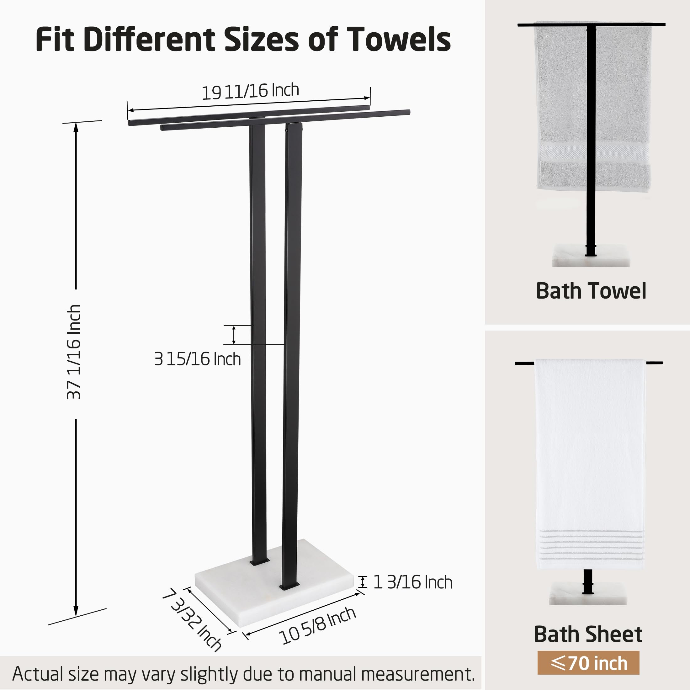 KES Standing Towel Rack with Black Natural Marble Base, 2-Tier Towel Rack Stand for Bathroom Floor, Bath Towel Holder Fits Bath Towel & Hand Towel,18/8 Stainless Steel, BTH217-BBK