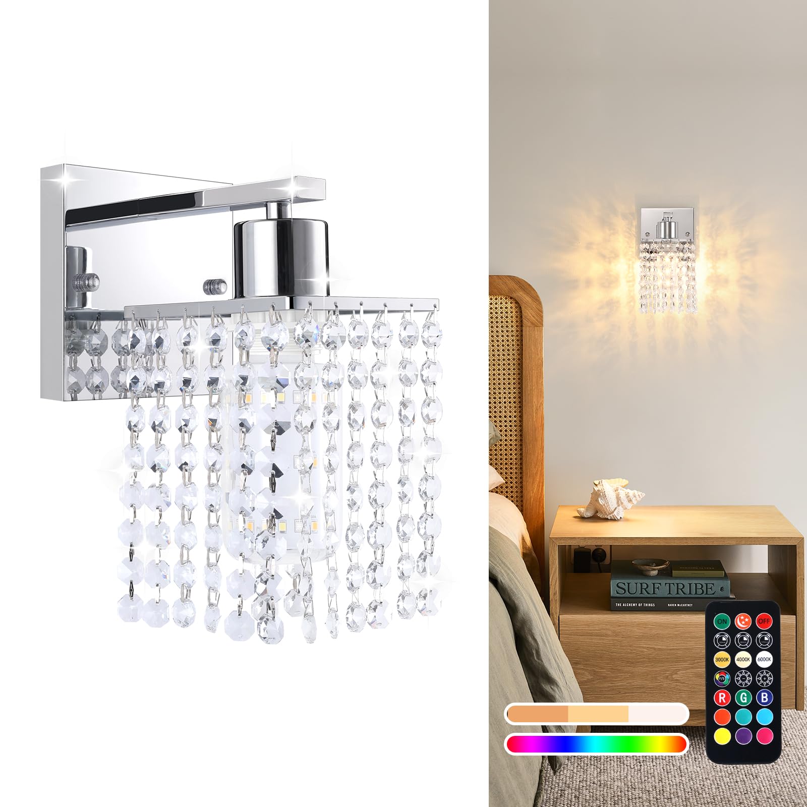 Shenmoyl Set of 2 Crystal Battery Operated Wall Sconce, Rechargeable Battery Powered Wall Lamp with Remote Control, Modern Dimmable Wall Lights for Bedroom Bathroom(Green, Gold Base)