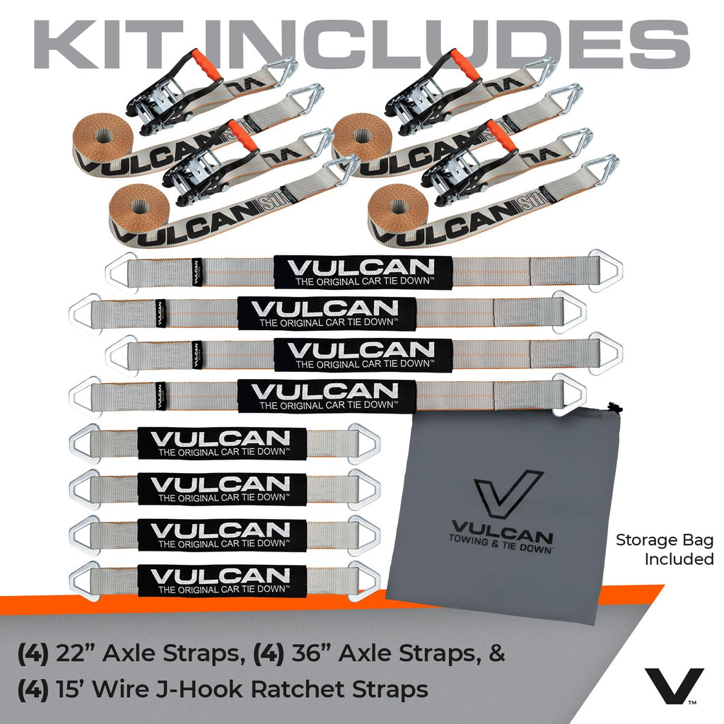 VULCAN Complete Axle Strap Tie Down Kit with Snap Hook Ratchet Straps - Classic Yellow - Includes (4) 22 Inch Axle Straps, (4) 36 Inch Axle Straps, and (4) 8' Snap Hook Ratchet Straps