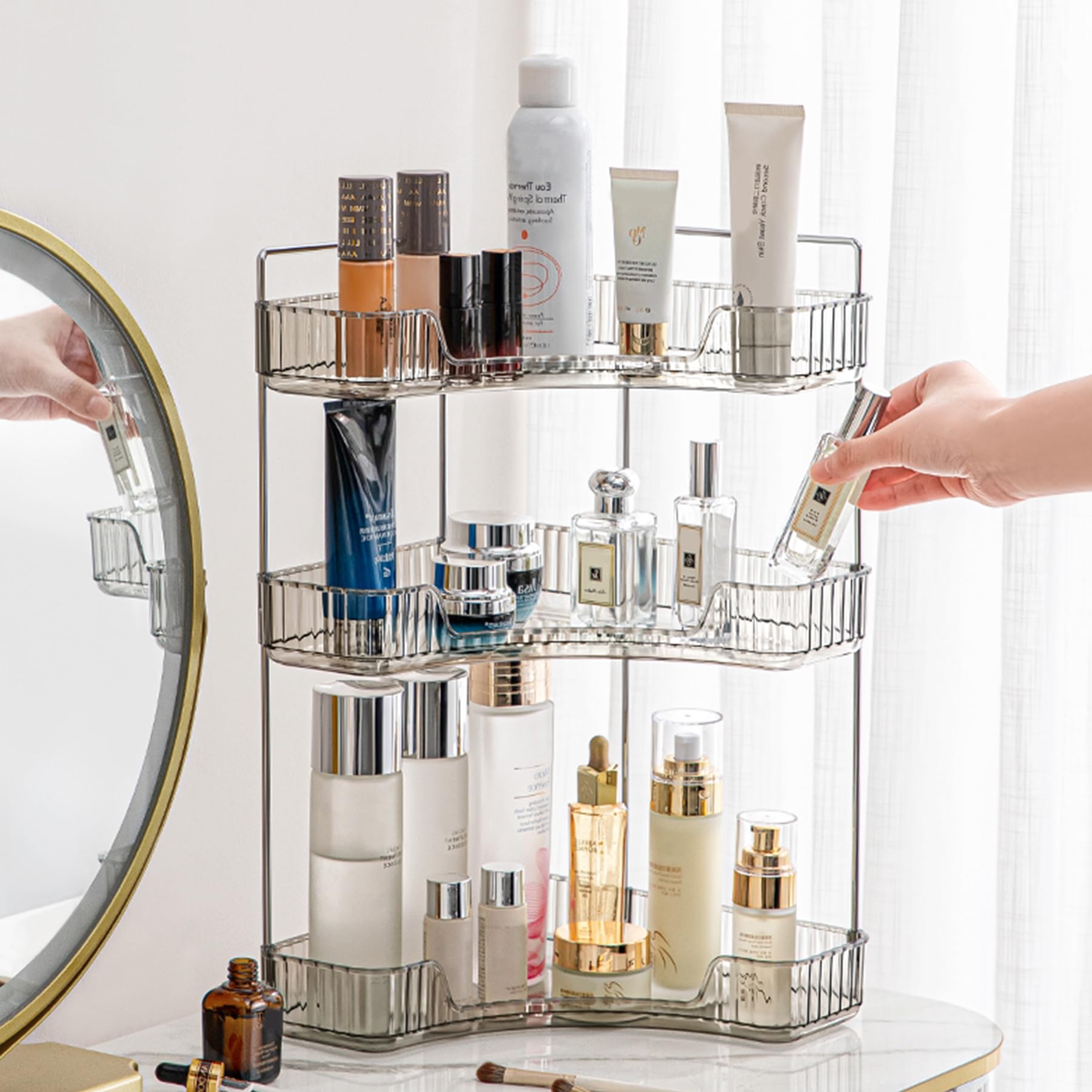 Aveniee Corner Bathroom Counter Organizer, Bathroom Countertop Shelf Makeup Organizer for Vanity Perfume Tray for Corner Storage (2 Tiers, Gold)