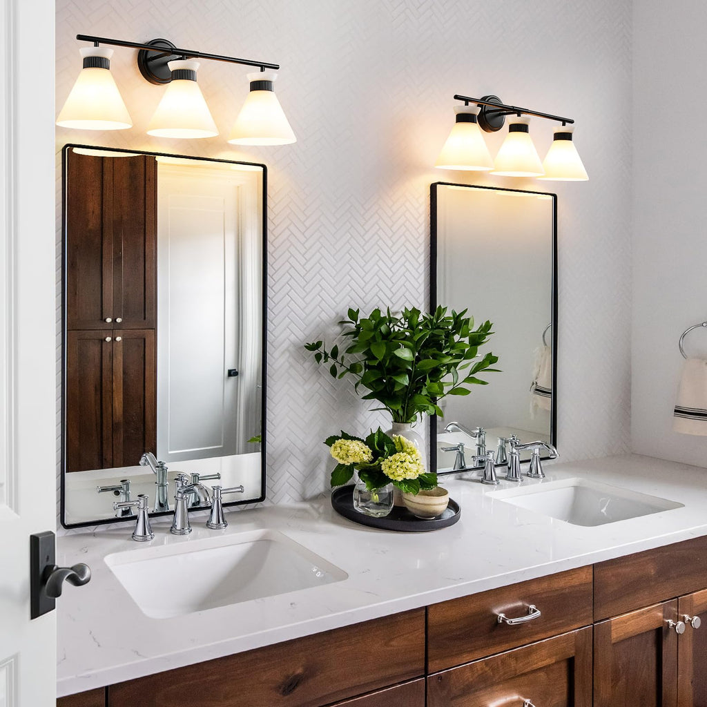WOSHITU Gold Bathroom Light Fixtures: Modern Vanity Lighting Fixtures 2 Lights for Bathroom Mid Century Vanity Light Sconces Over Mirror with Frosted Milky Glass for Bath Bedroom Makeup