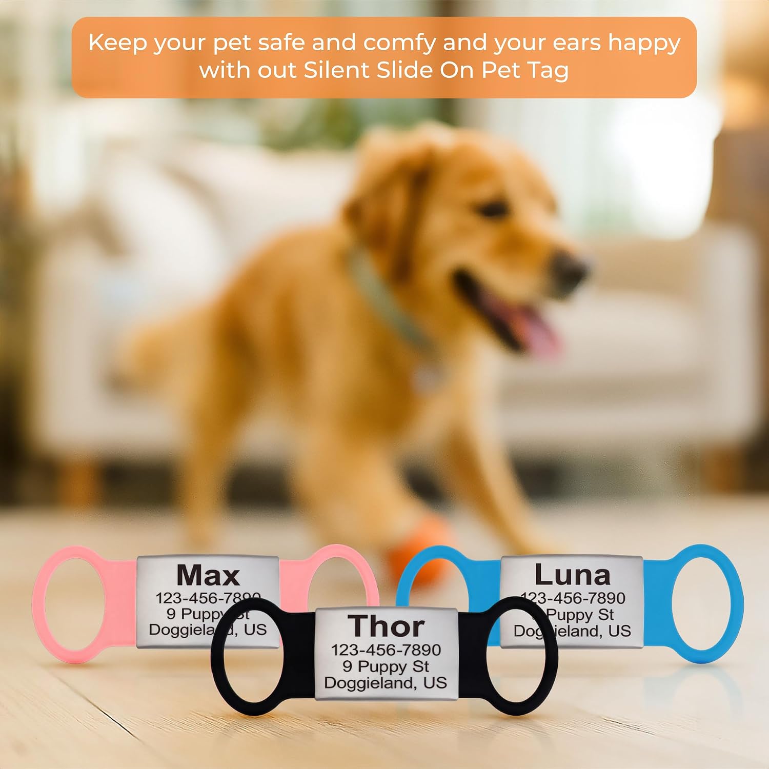 Slide On Pet Tag ID - Silent Custom Dog Tags - Name Tags Personalized - No Jingle Slide On Cat Tag ID - Engraved Collars