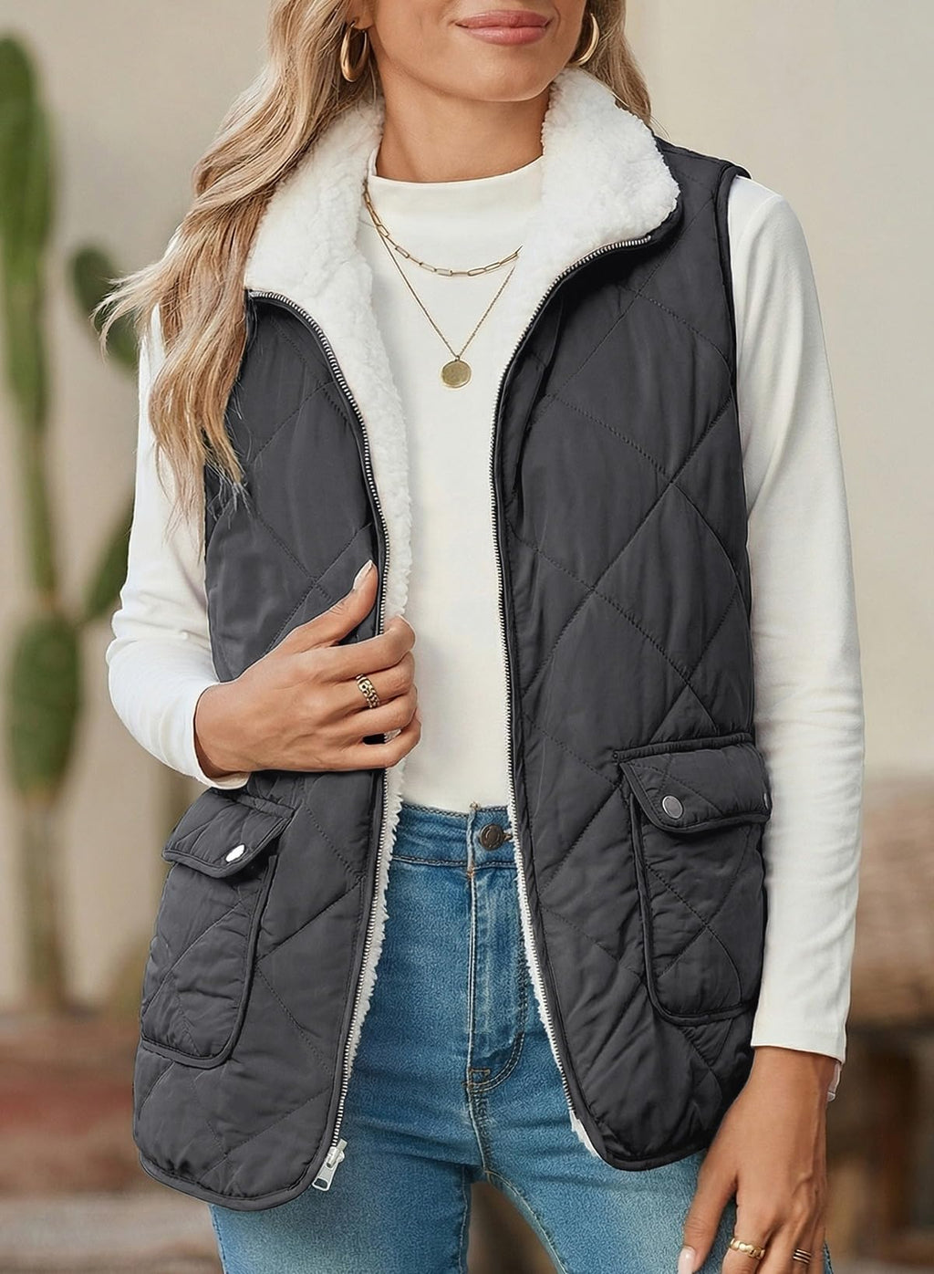 SHEWIN Women Puffer Vest Casual Stand Collar Sleeveless Puffer Jacket Warm Winter Reversible Zip Up Outerwear with Pockets