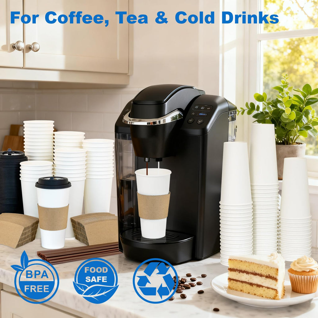 16 oz 100 Pack Corrugated Ripple Wall Disposable Coffee Cups with Lids and Straws, Heavy Duty Insulated Cups for Hot Beverage or Cold Drinks, Bulk for Restaurants, Offices, Coffee Shops(Black)